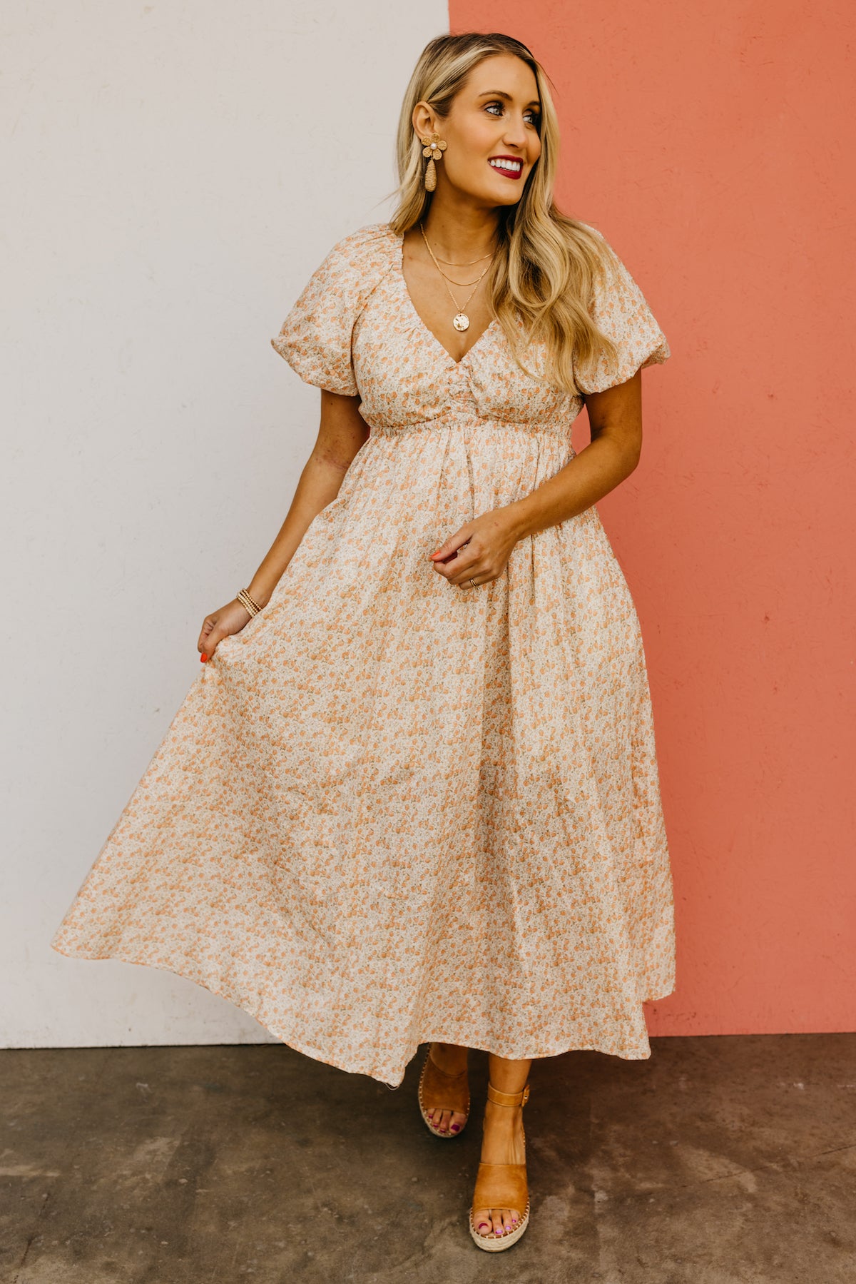 Plus Size Floral Puff Sleeve Midi Dress