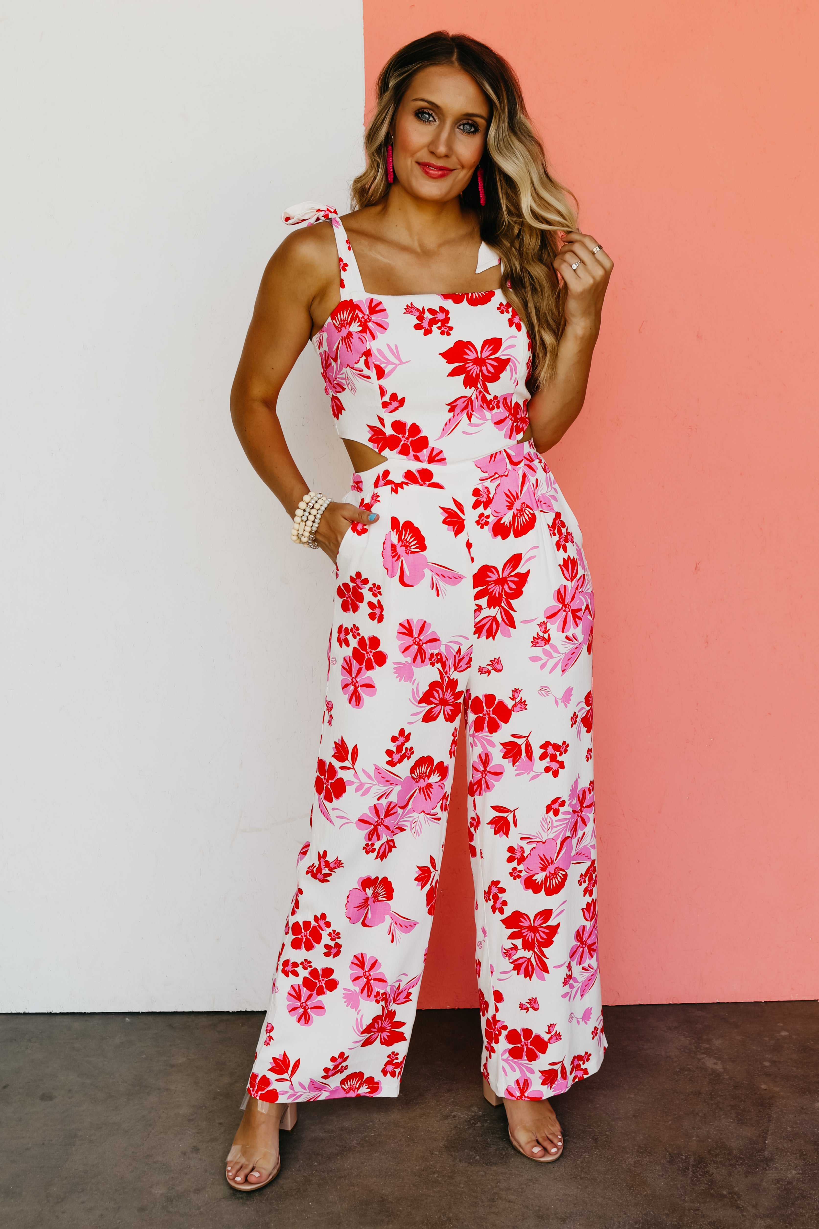 Red and cheap white floral jumpsuit