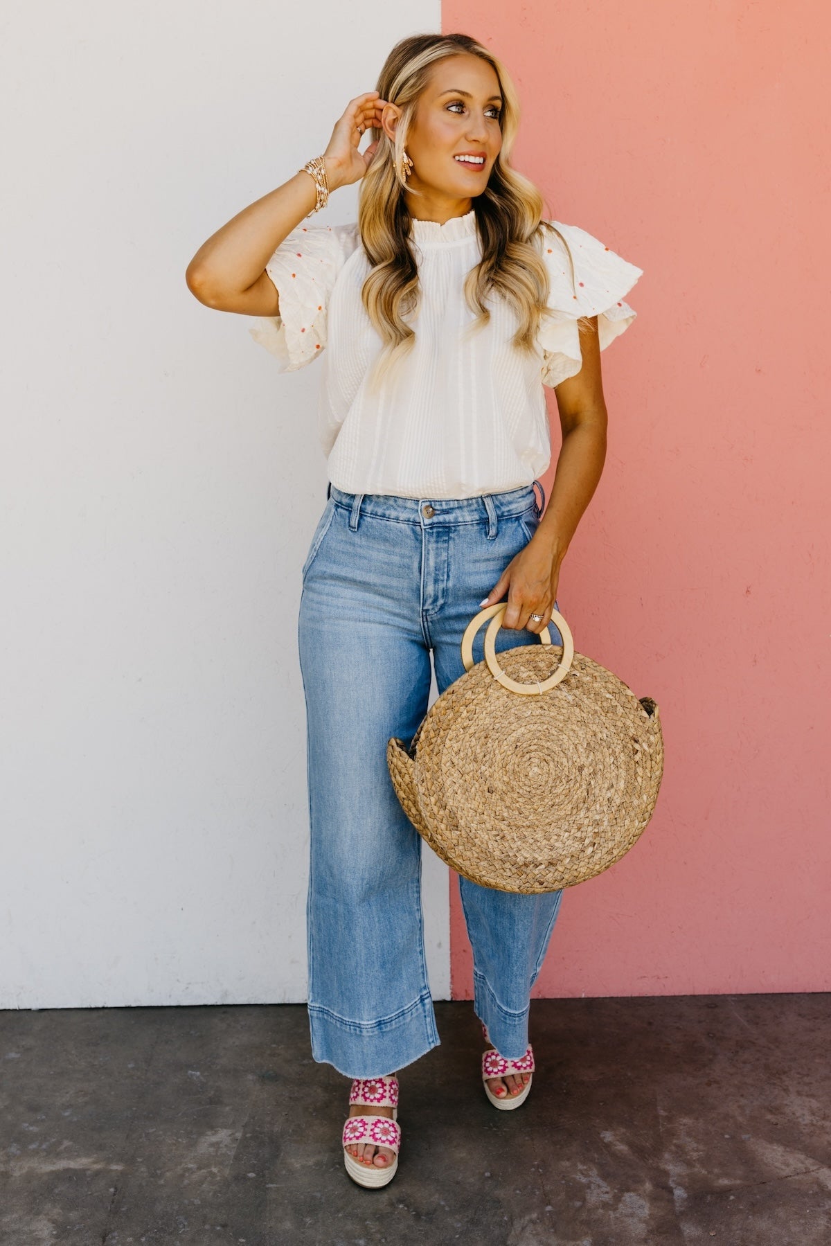 The Stefan Floral Bead Flutter Sleeve Top