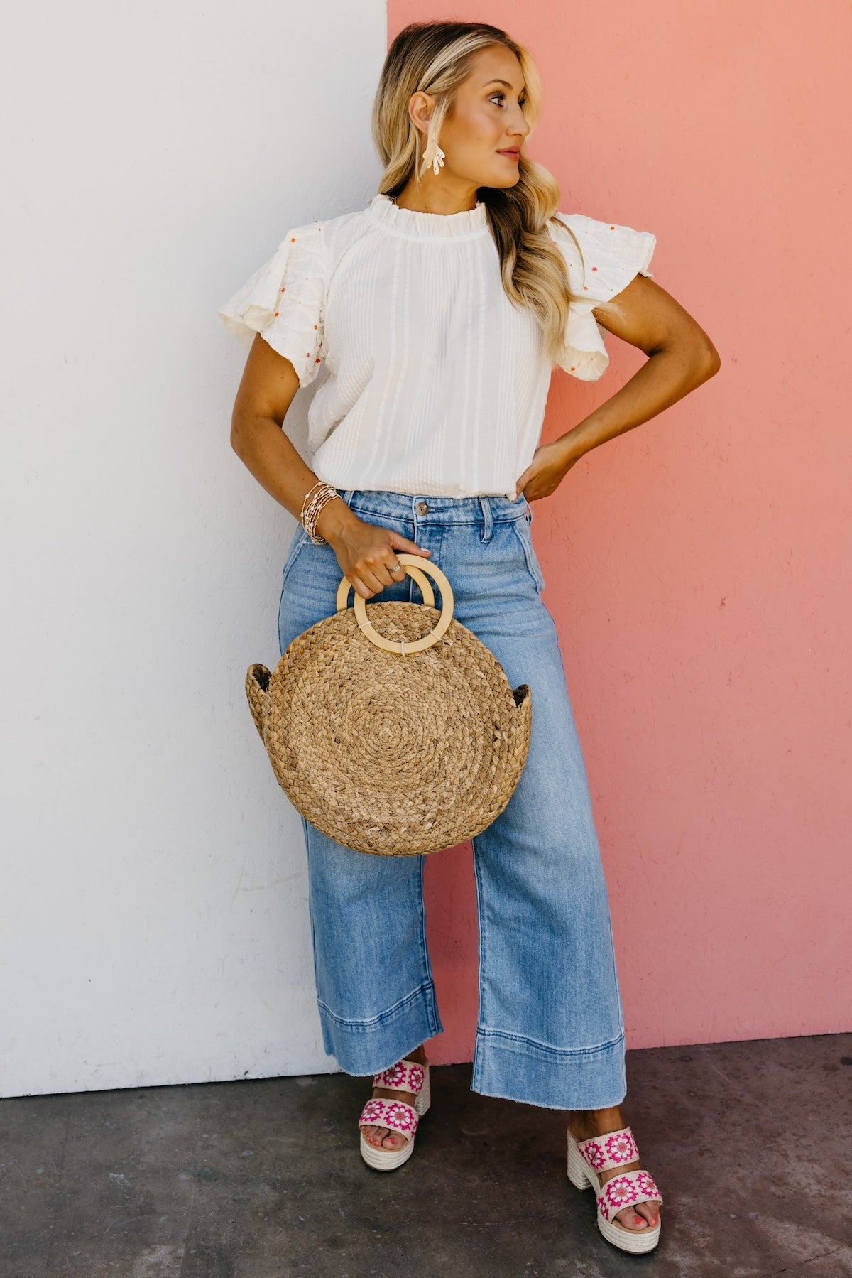 The Stefan Floral Bead Flutter Sleeve Top