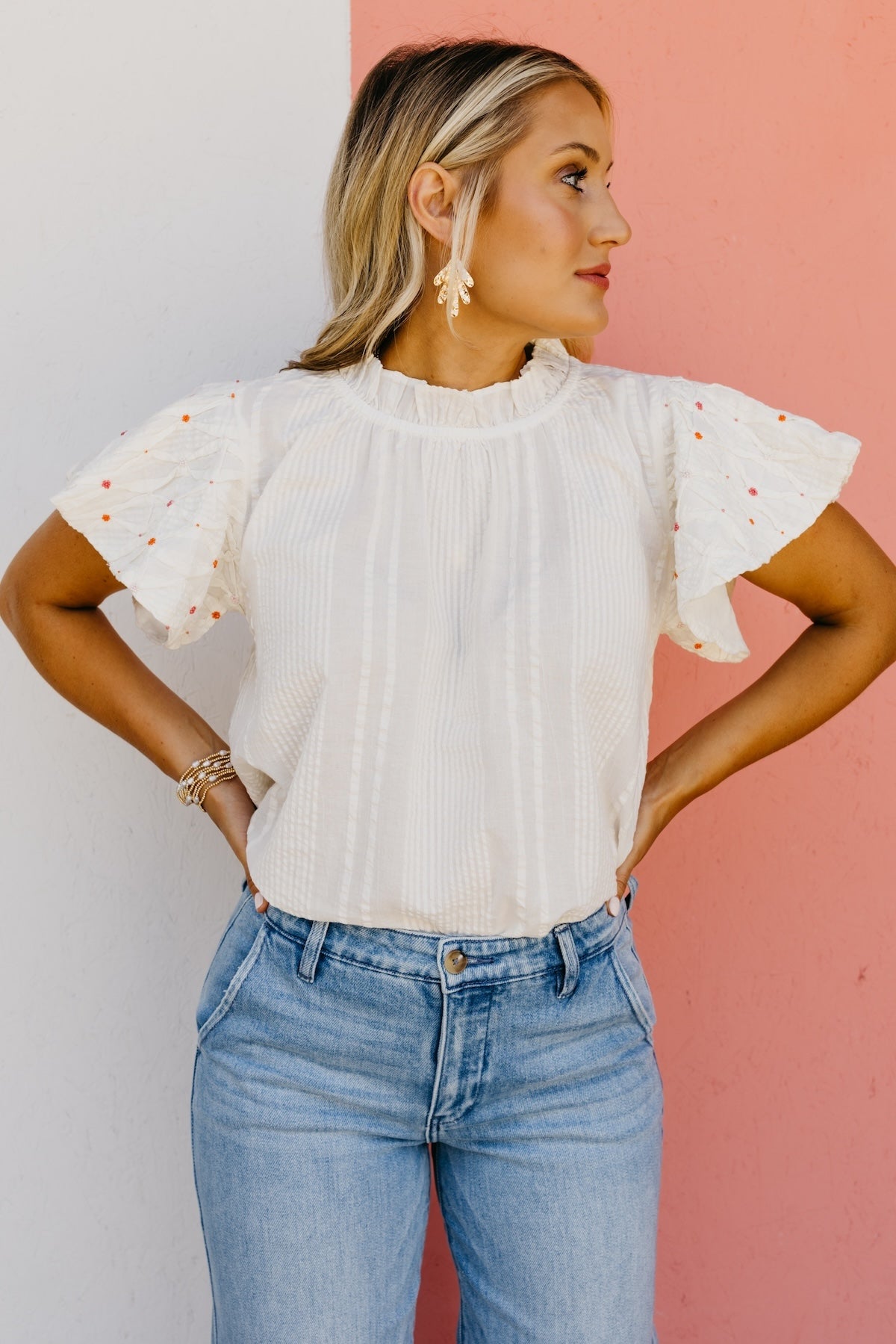 The Stefan Floral Bead Flutter Sleeve Top