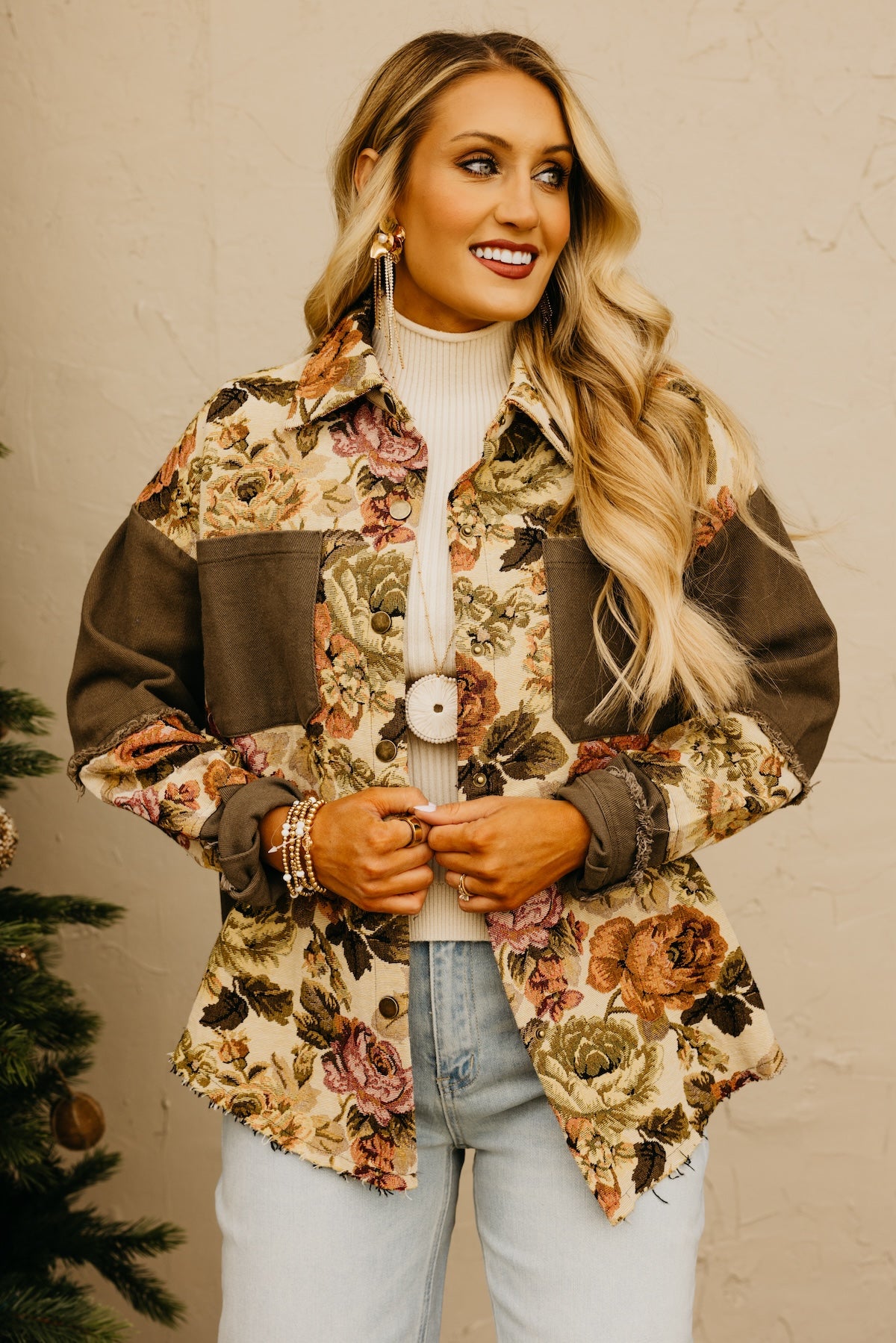 The Laney Floral Jacquard Button Down Shirt Jacket