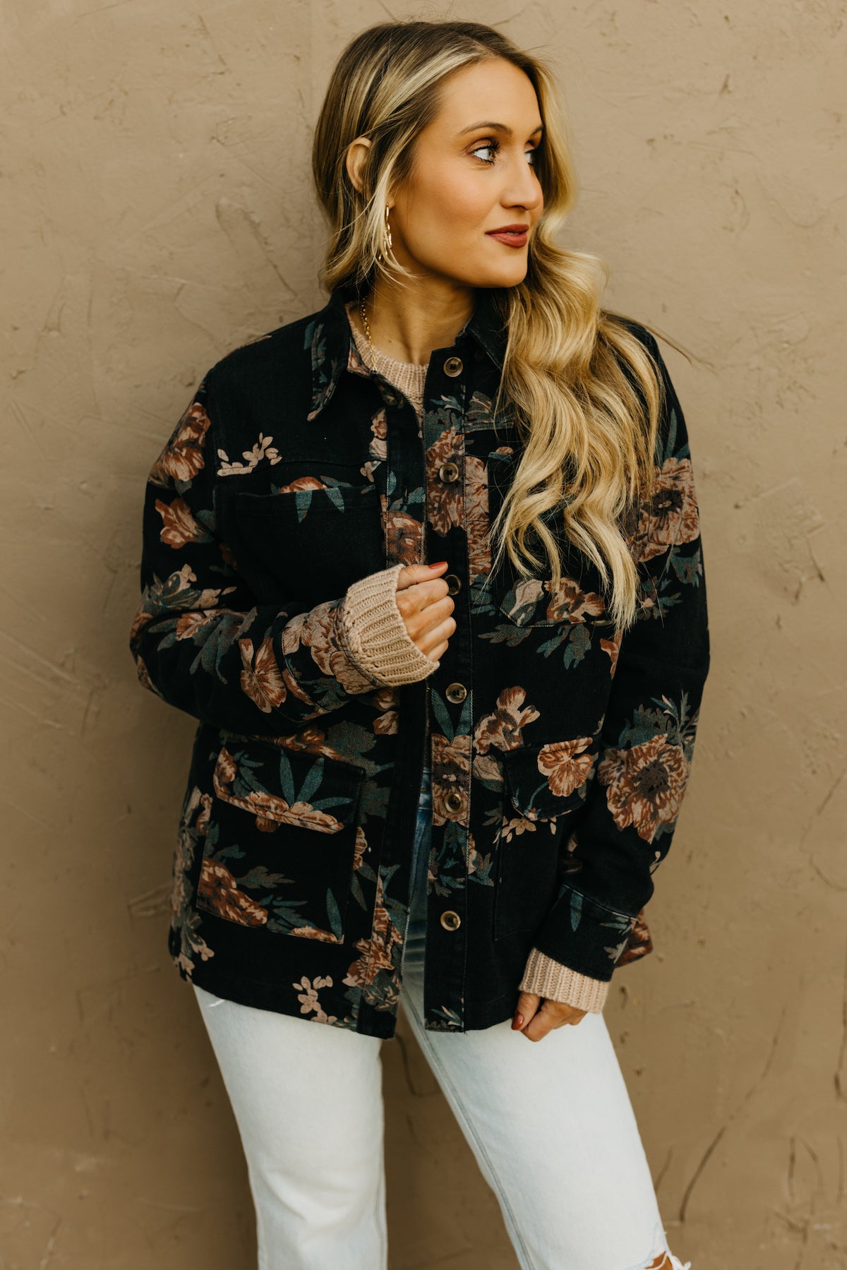 Black floral denim outlet jacket