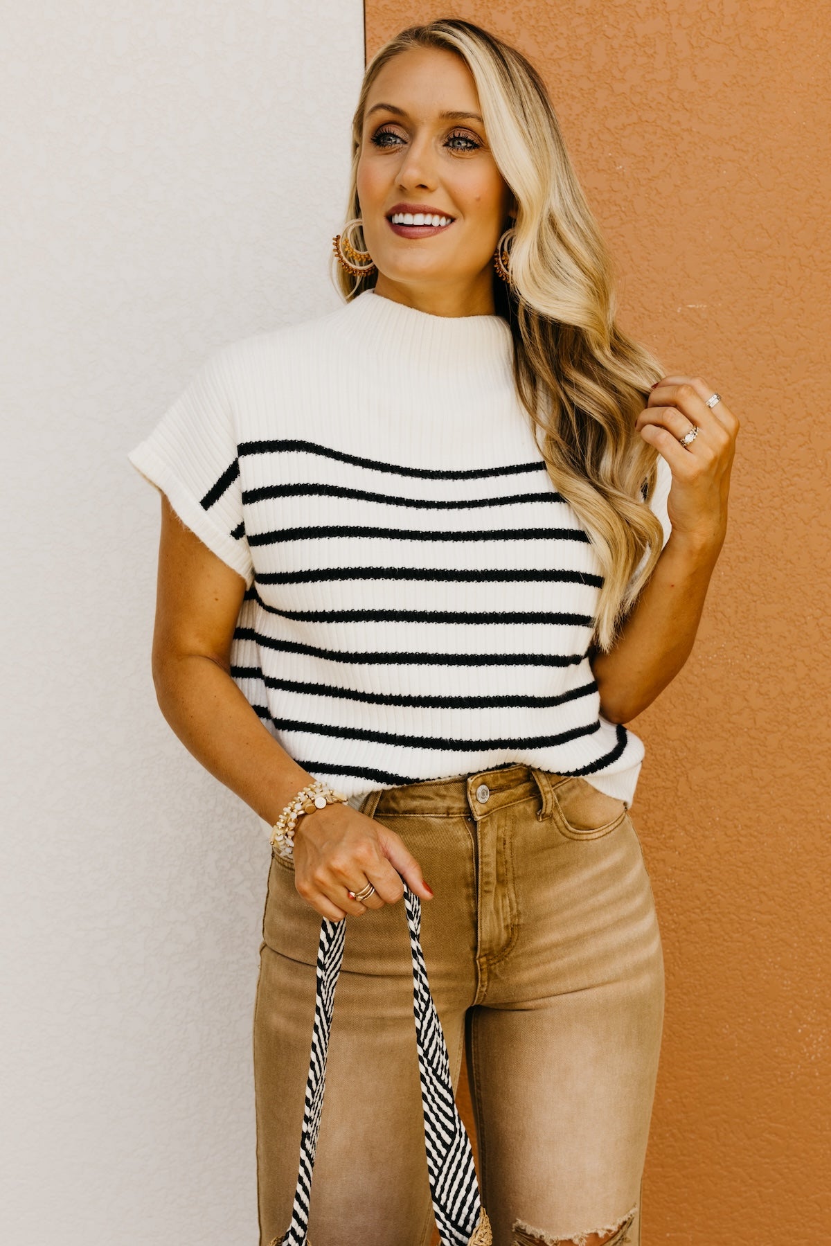 The Astrid Striped Funnel Neck Sweater Top