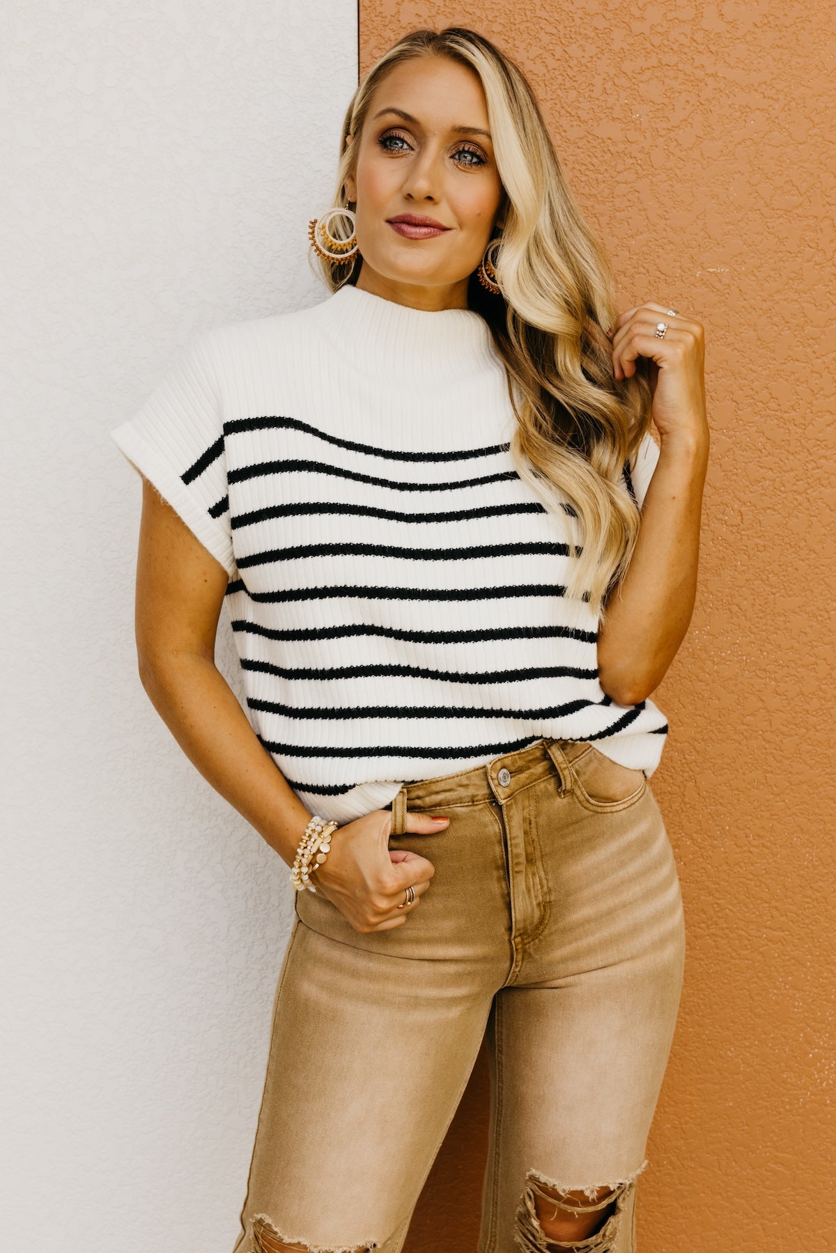 The Astrid Striped Funnel Neck Sweater Top