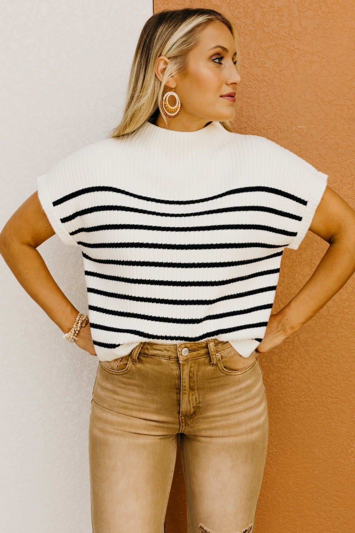 The Astrid Striped Funnel Neck Sweater Top