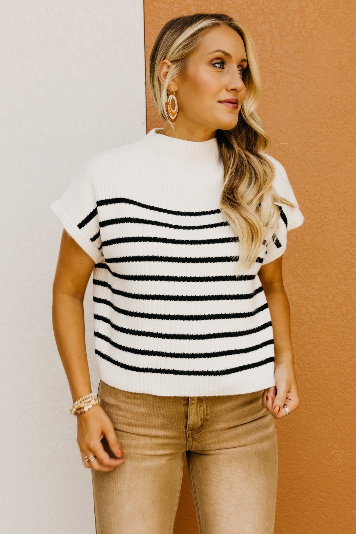 The Astrid Striped Funnel Neck Sweater Top