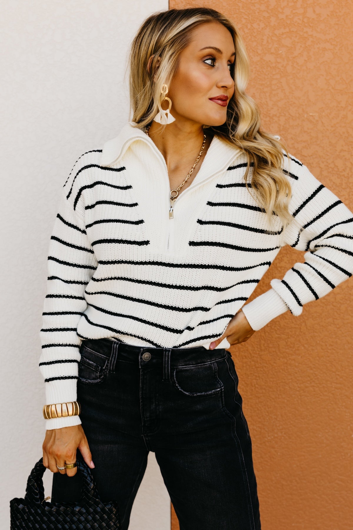 The Lina Quarter Zip Stripe Sweater