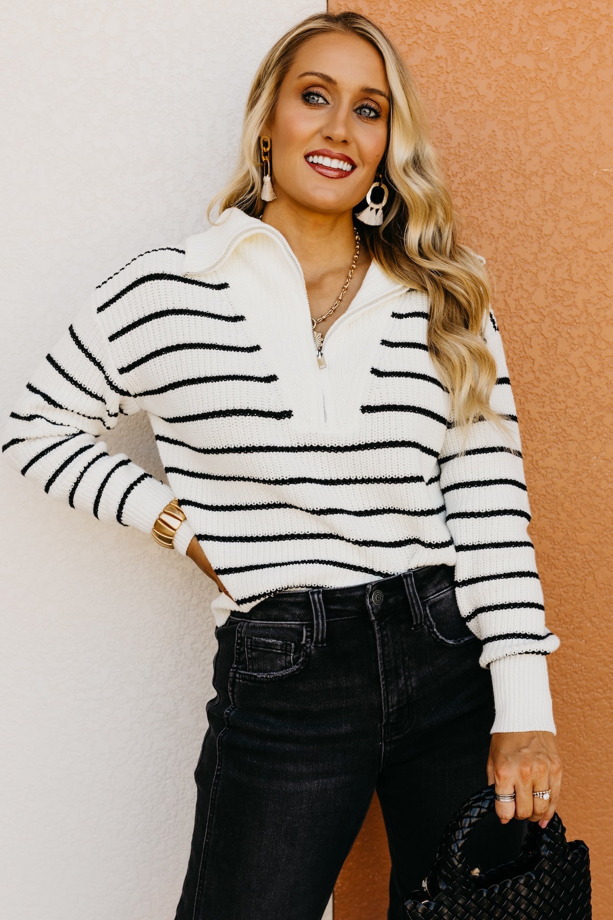 The Lina Quarter Zip Stripe Sweater