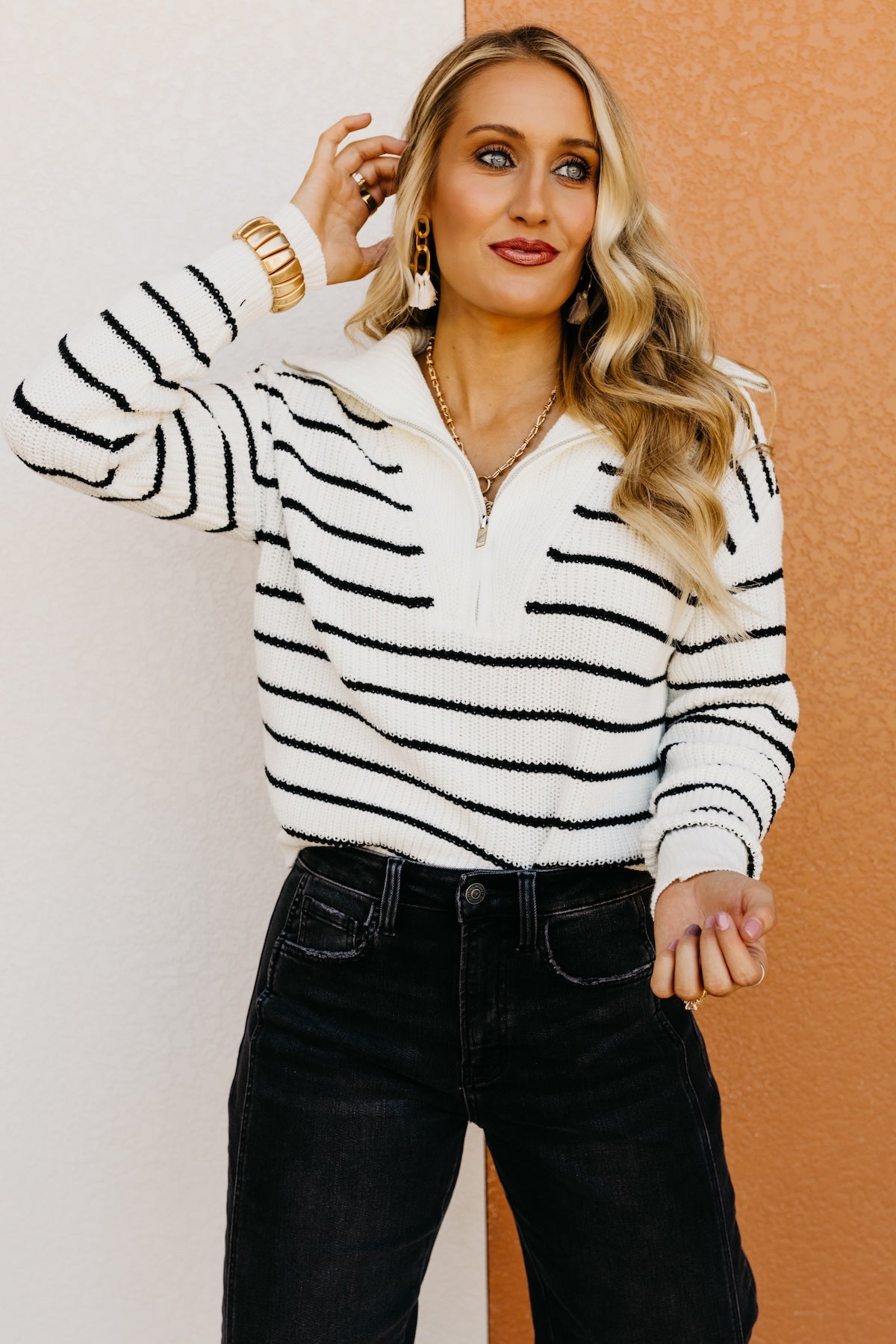 The Lina Quarter Zip Stripe Sweater