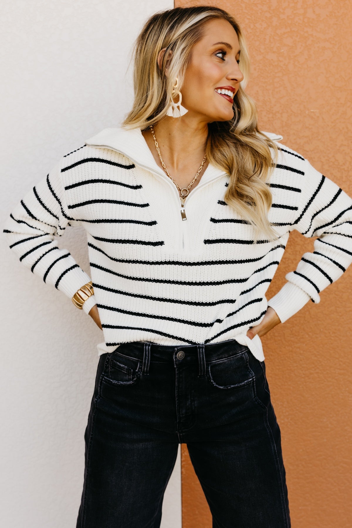 The Lina Quarter Zip Stripe Sweater