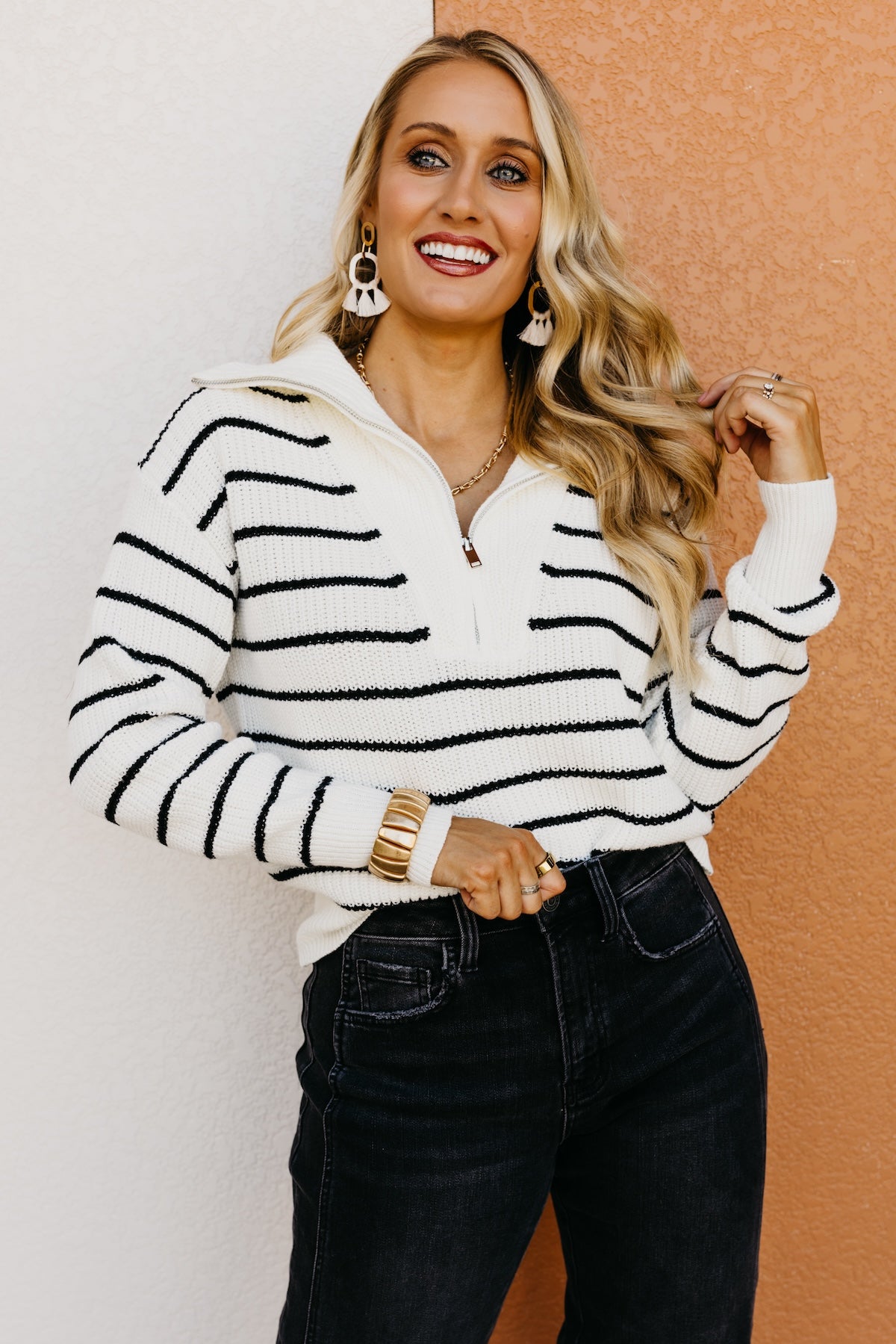 The Lina Quarter Zip Stripe Sweater