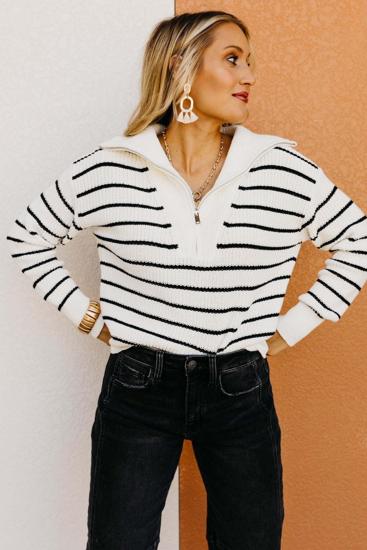 The Lina Quarter Zip Stripe Sweater