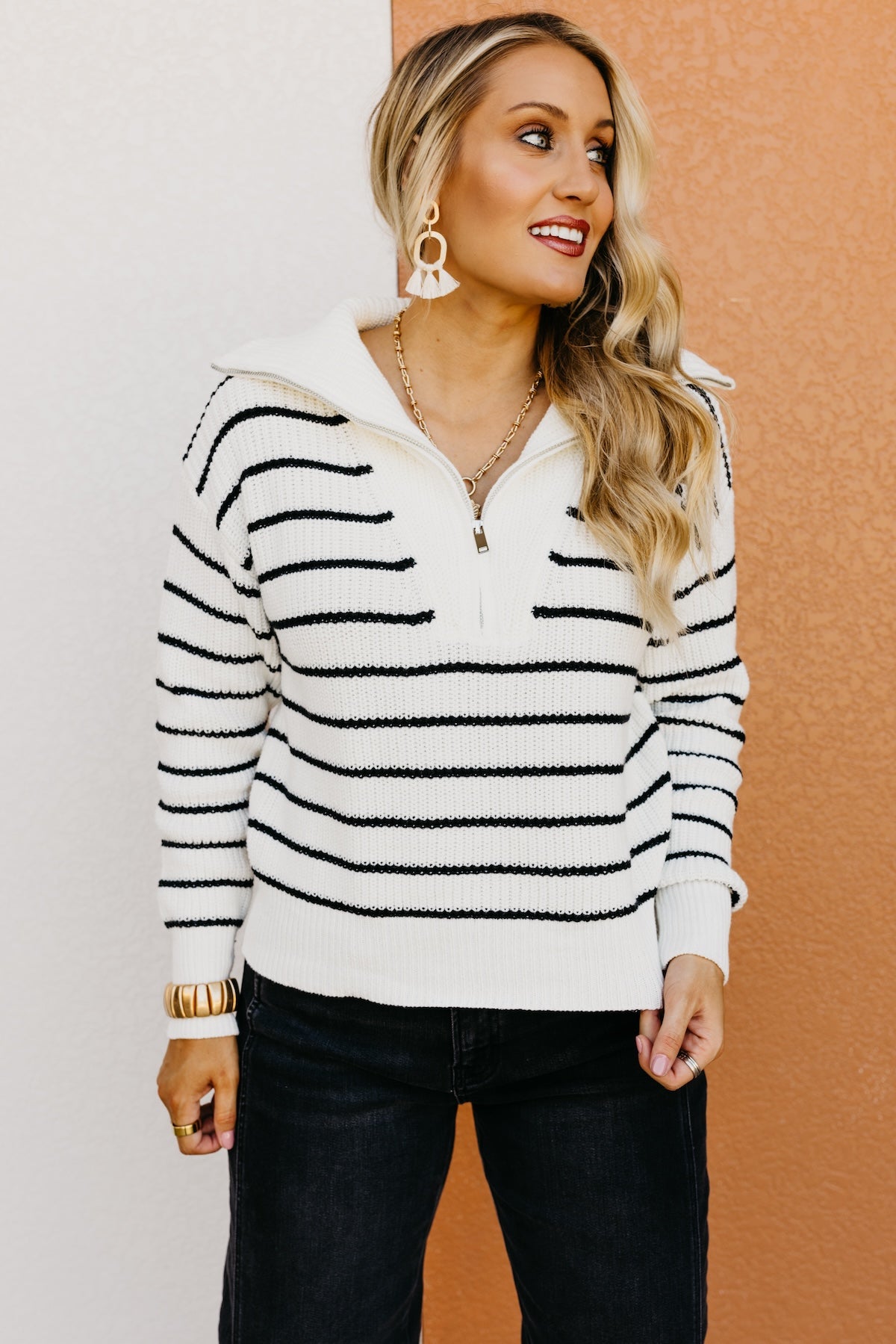 The Lina Quarter Zip Stripe Sweater