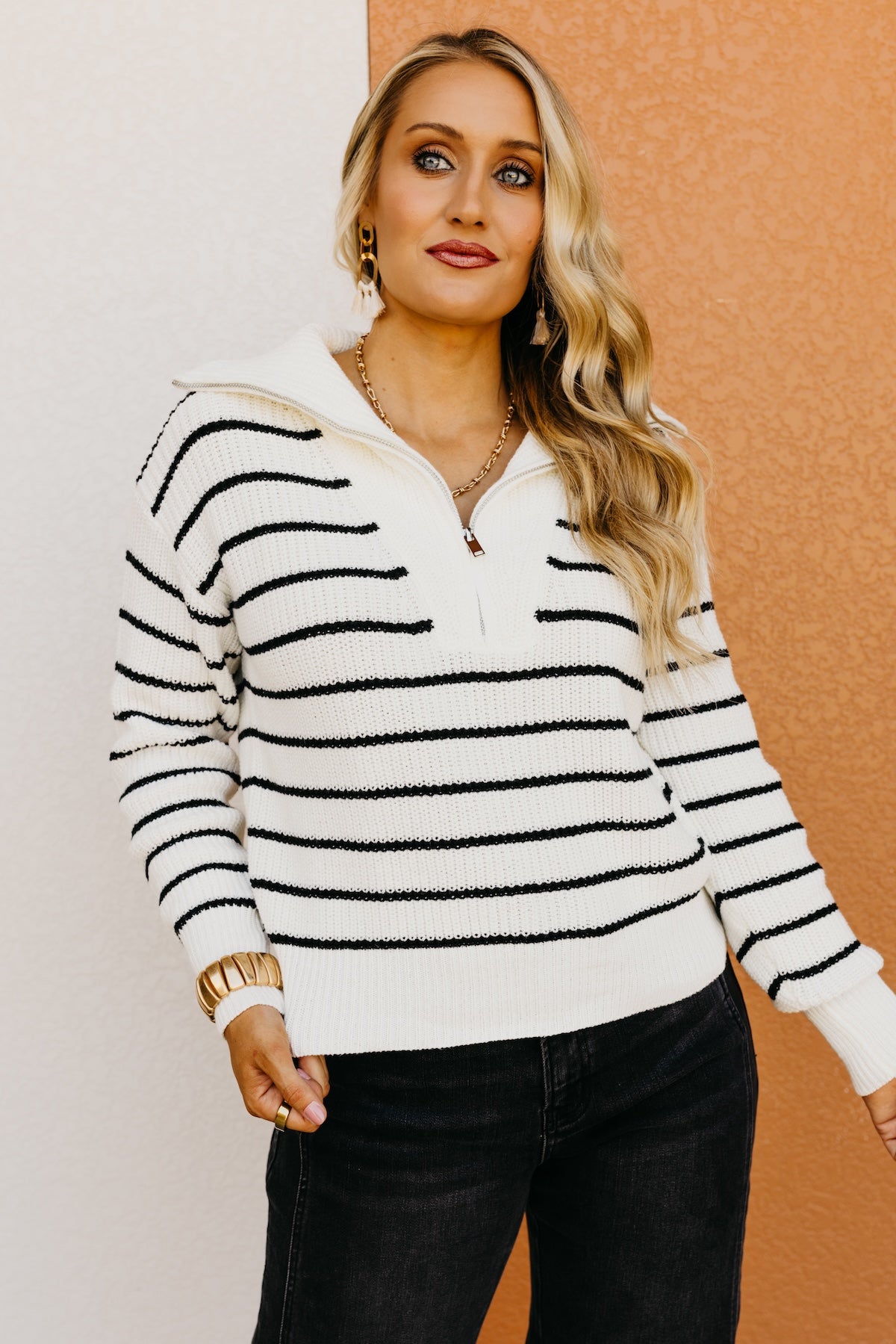 The Lina Quarter Zip Stripe Sweater