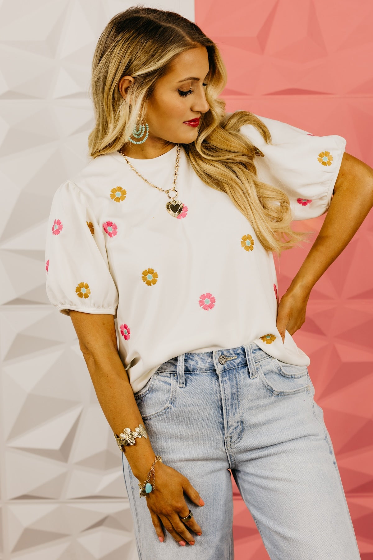 The Finley Embroidered Floral Puff Sleeve Top