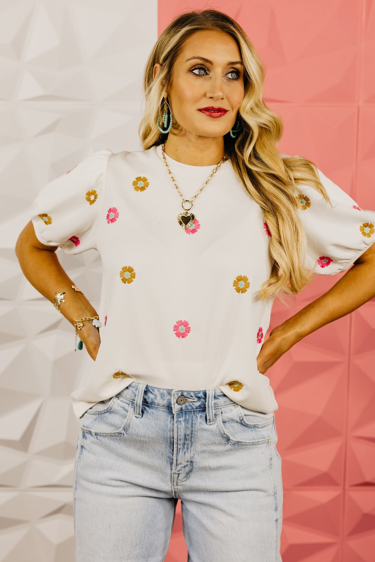 The Finley Embroidered Floral Puff Sleeve Top