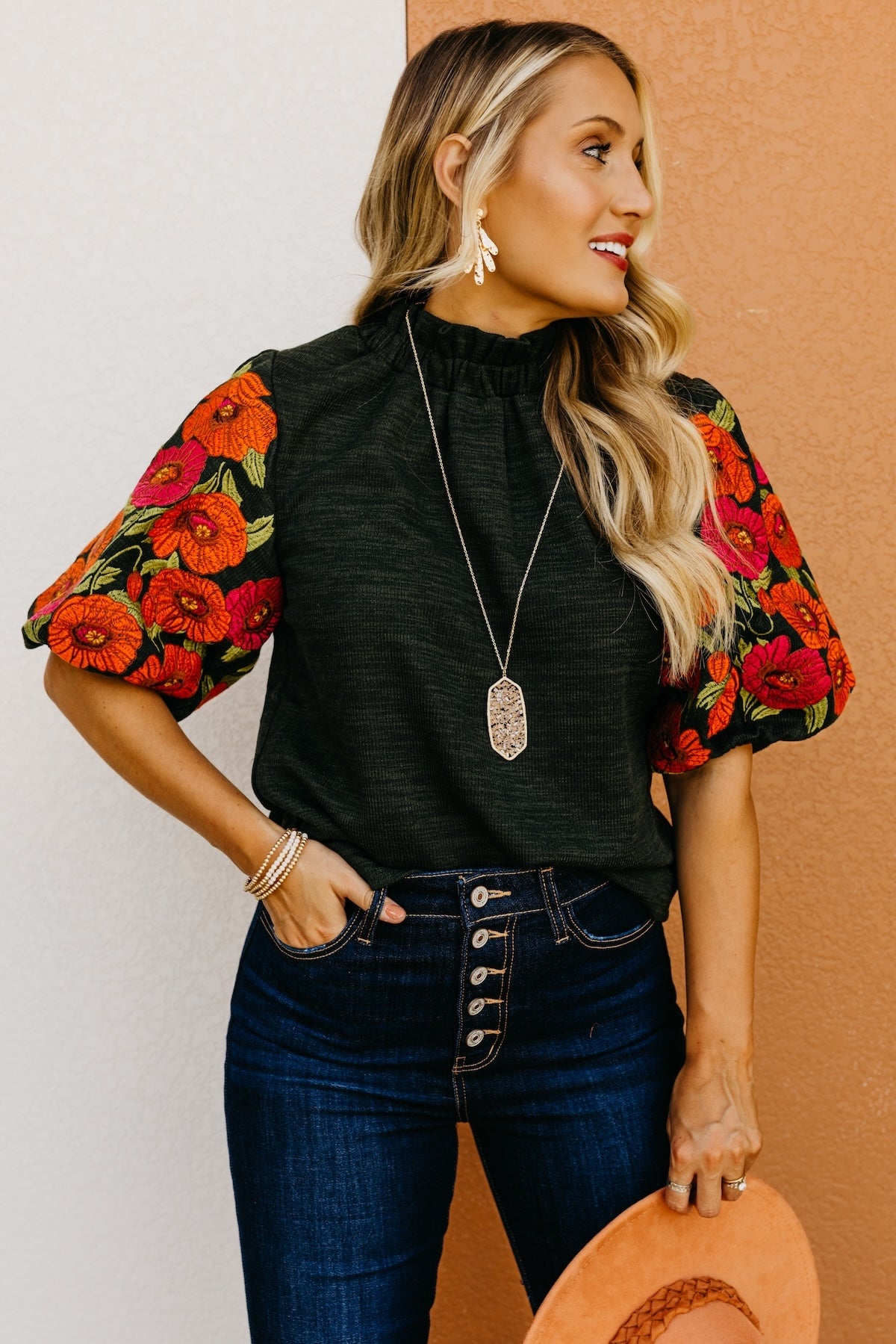 The Rivka Floral Embroidered Puff Sleeve Sweater