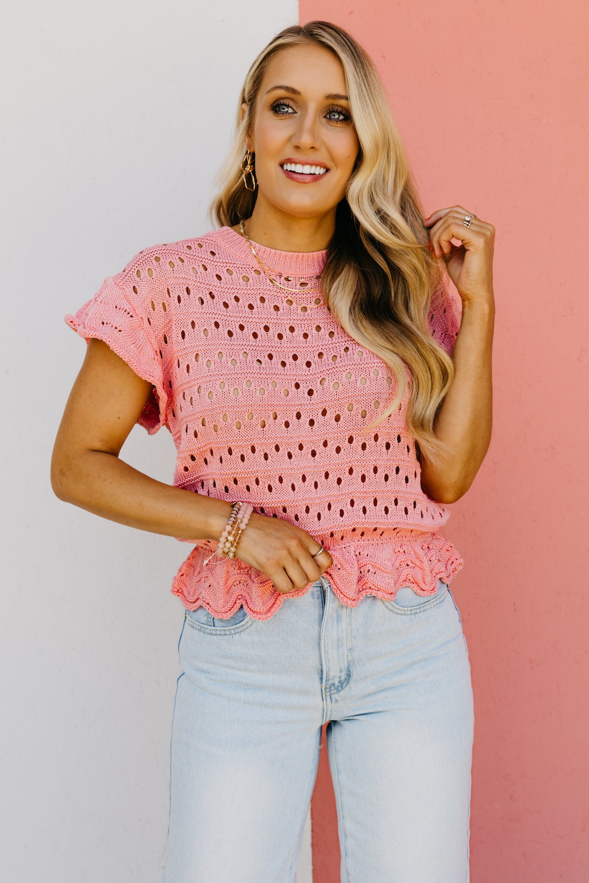 The Lionel Ruffle Trim Pointelle Sweater Top