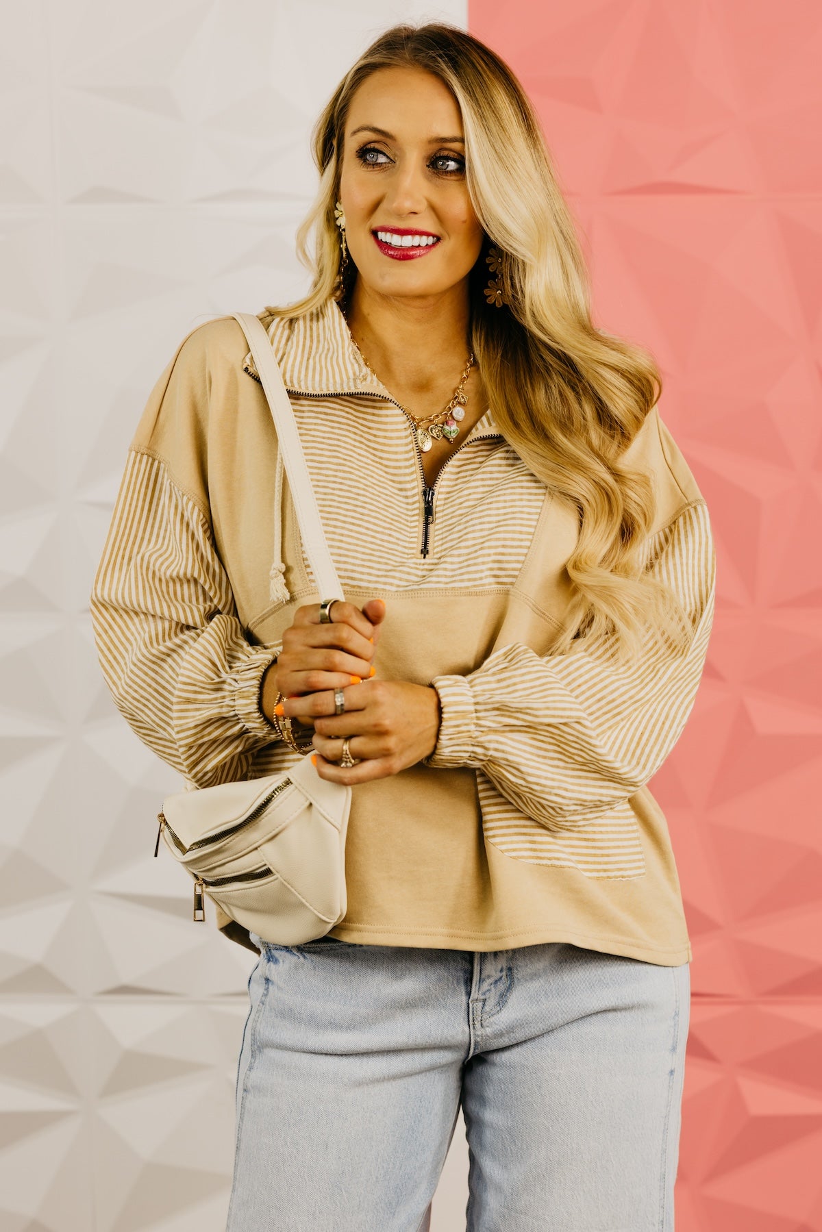 The Alexia Striped Quarter Zip Mix Media Top