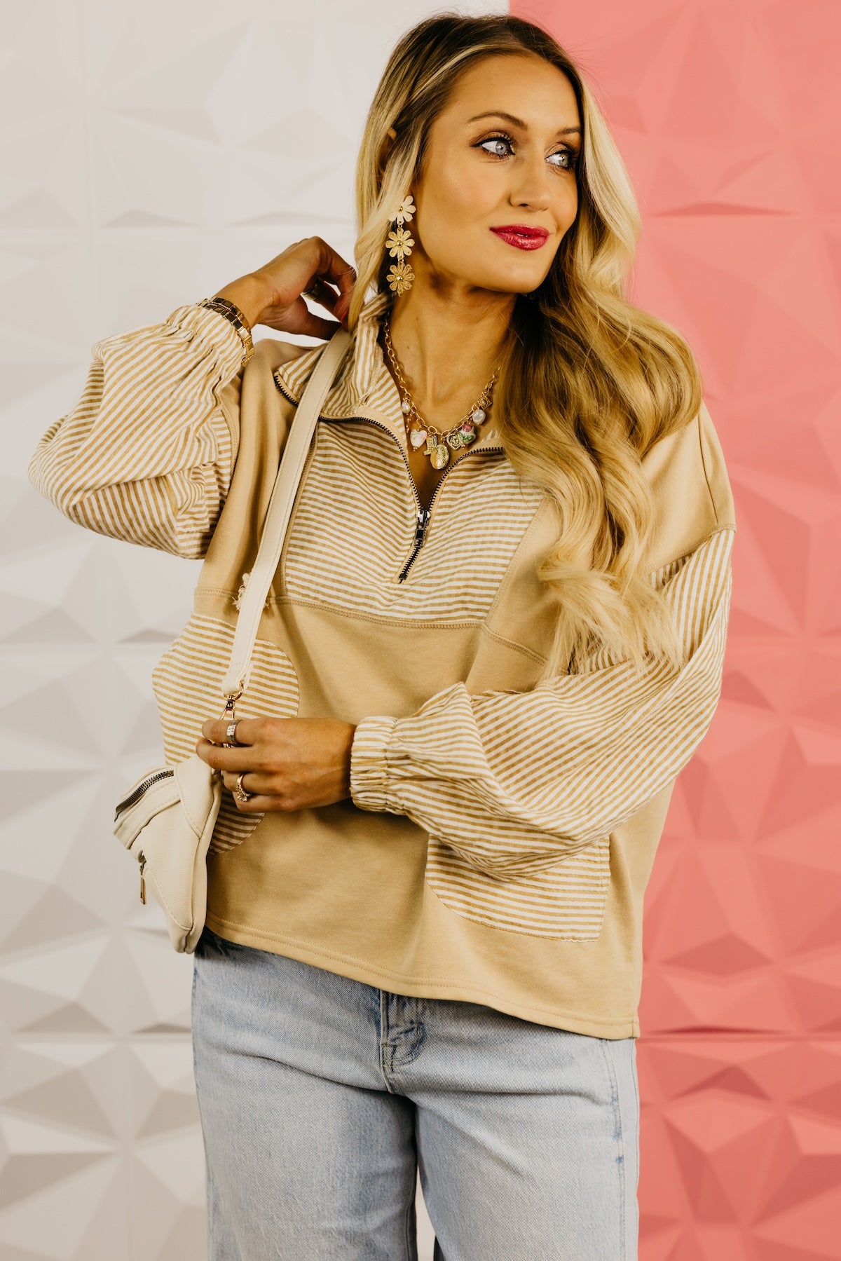 The Alexia Striped Quarter Zip Mix Media Top