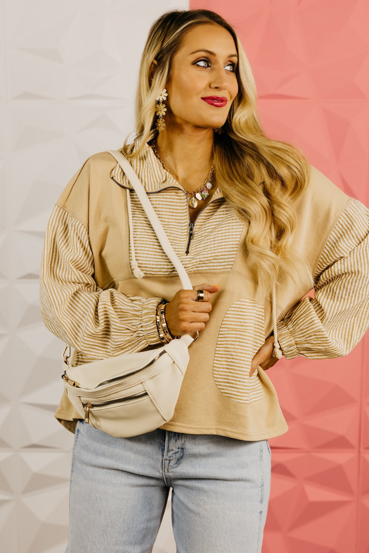 The Alexia Striped Quarter Zip Mix Media Top