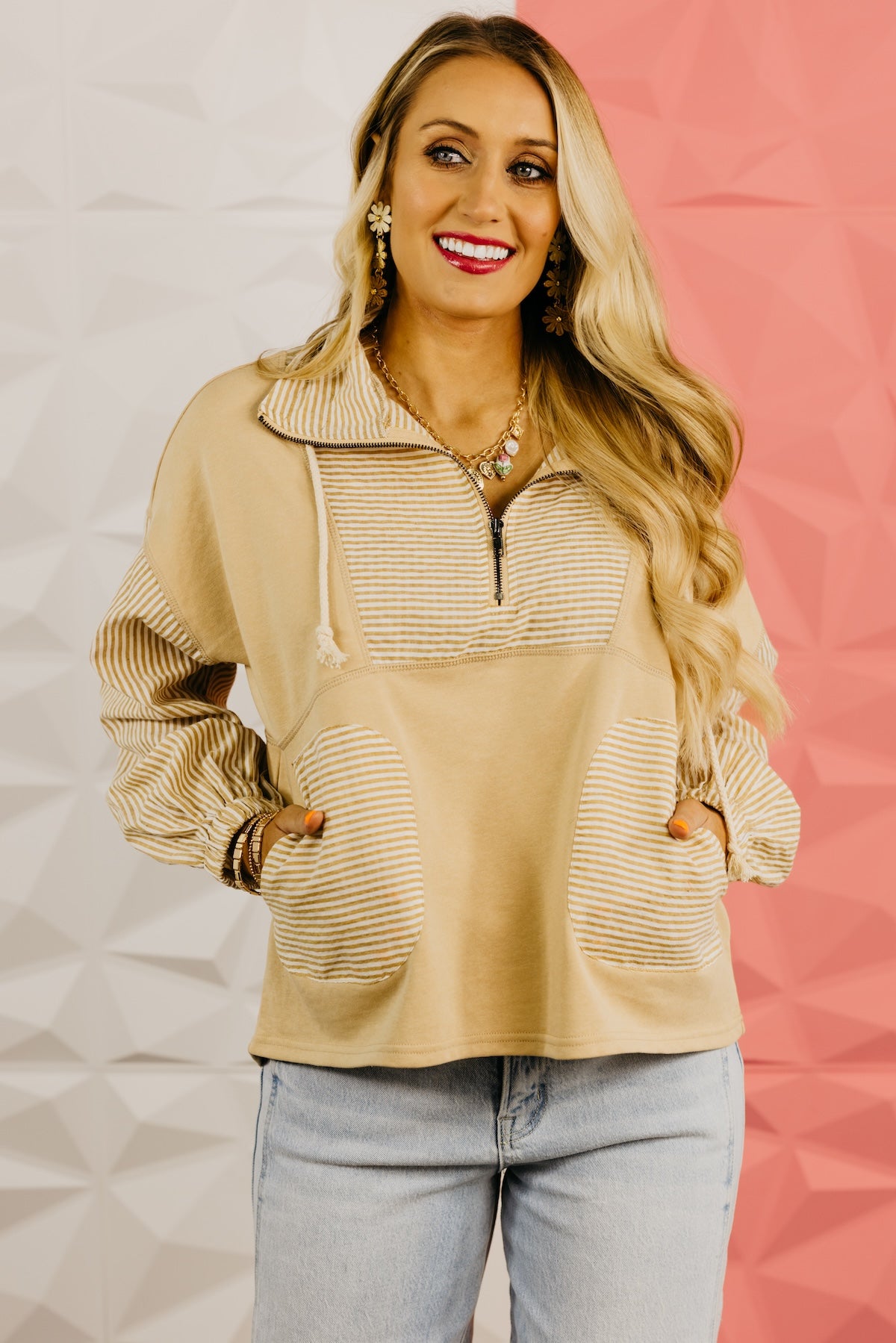 The Alexia Striped Quarter Zip Mix Media Top