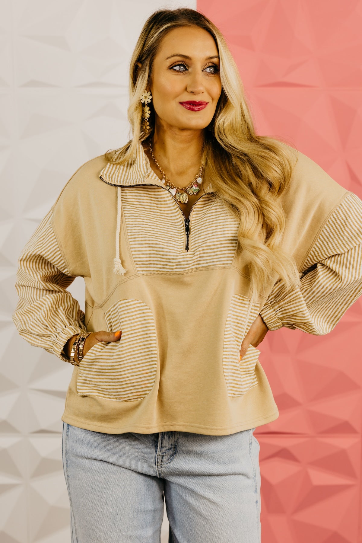 The Alexia Striped Quarter Zip Mix Media Top