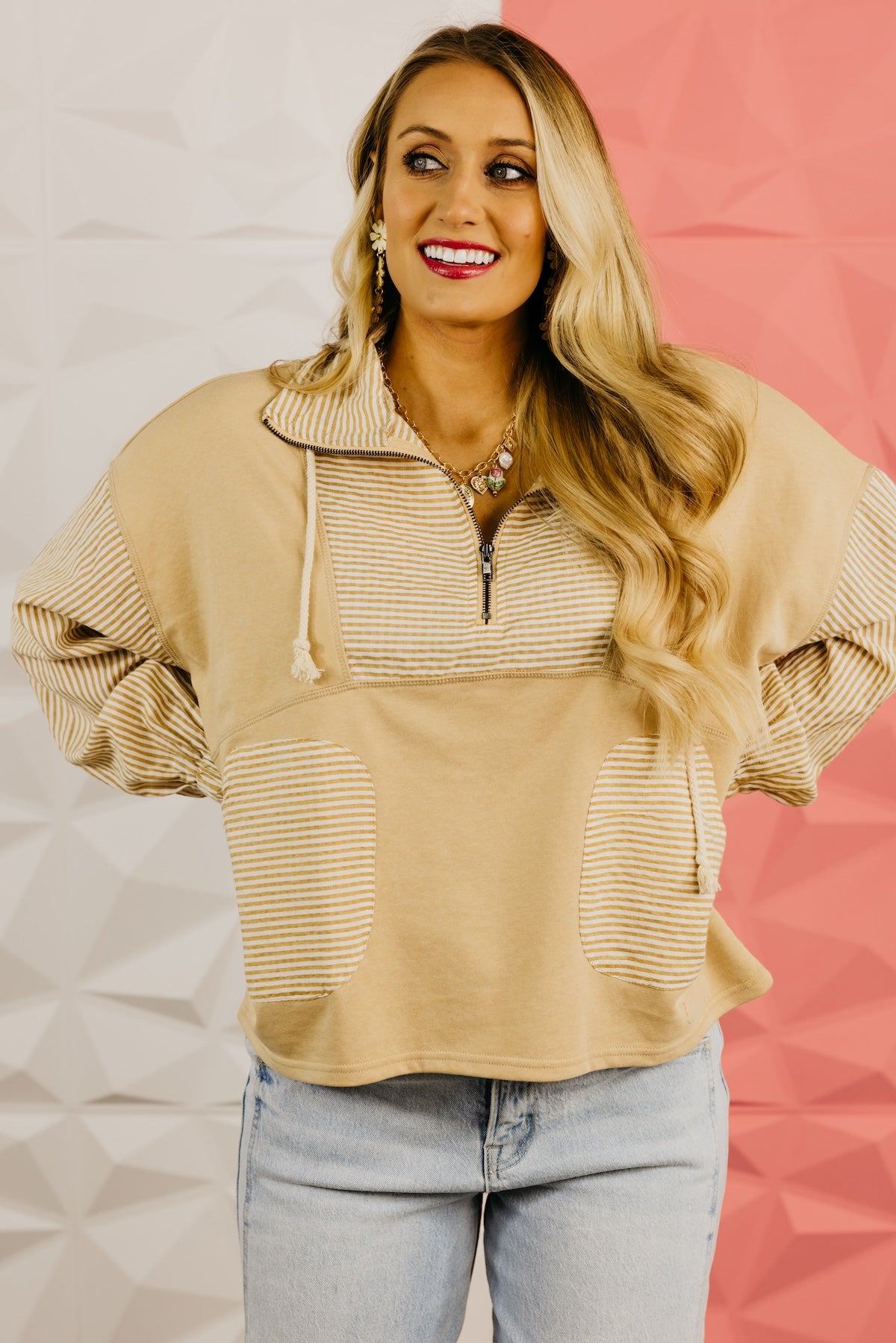 The Alexia Striped Quarter Zip Mix Media Top