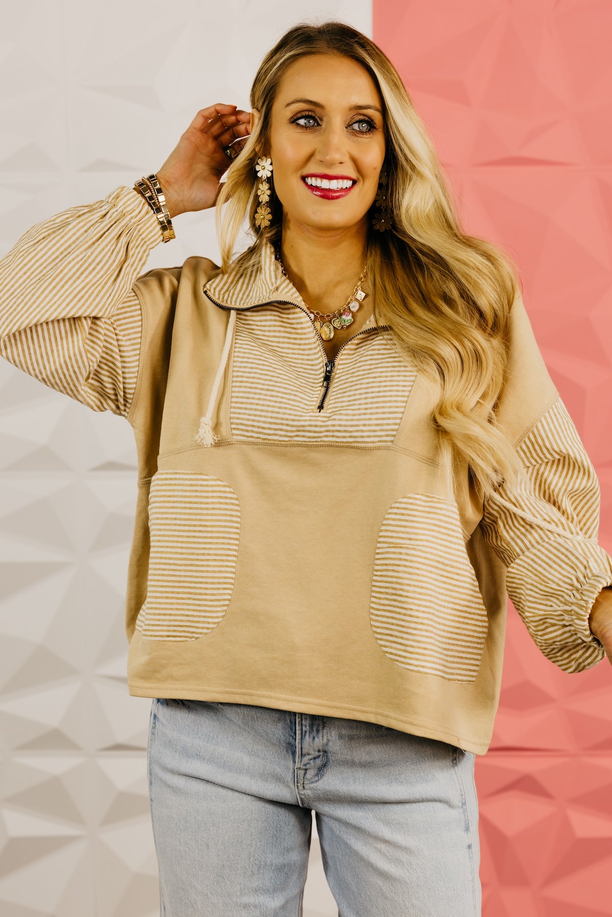 The Alexia Striped Quarter Zip Mix Media Top