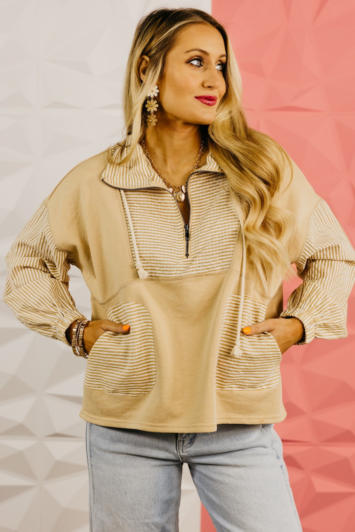 The Alexia Striped Quarter Zip Mix Media Top