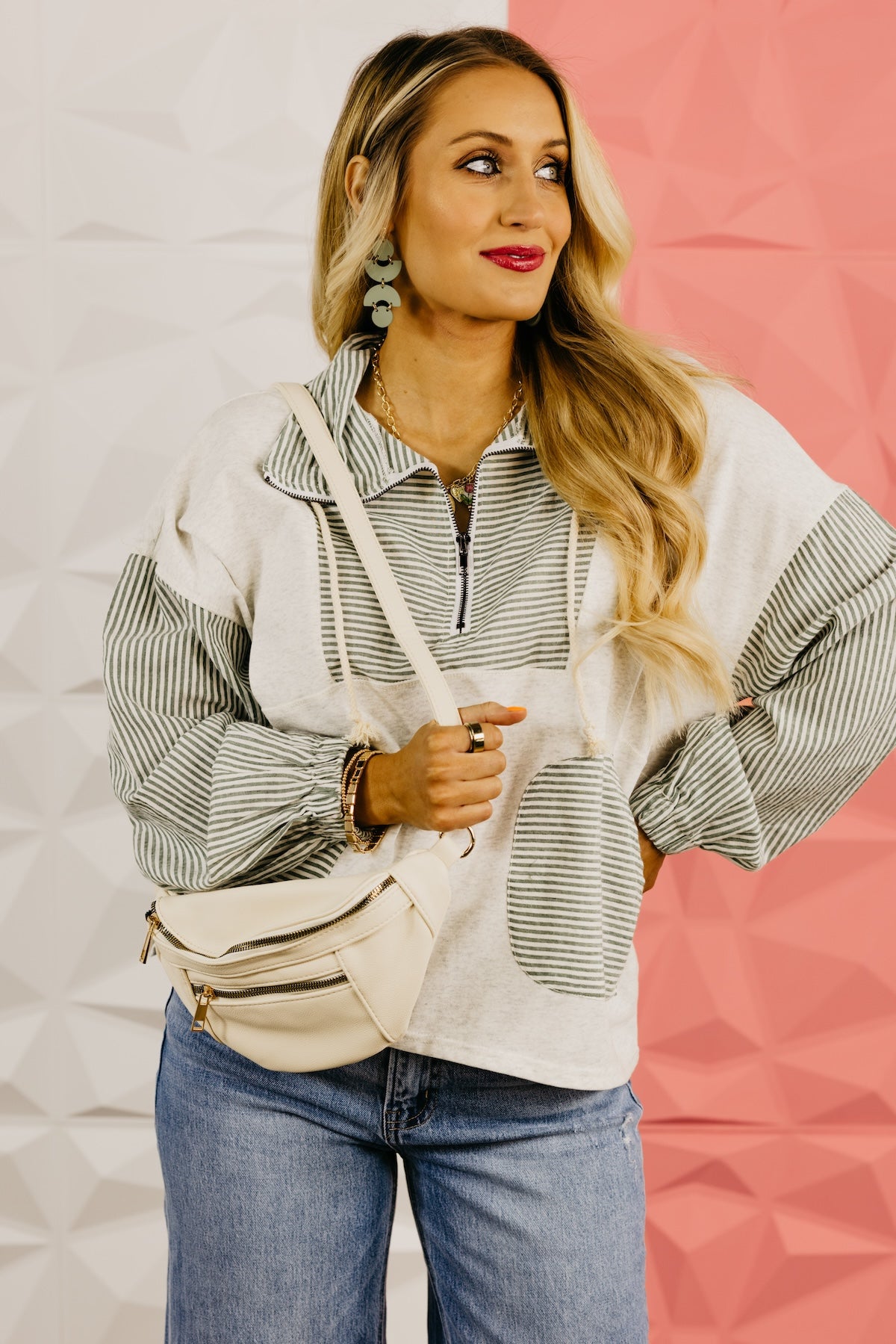 The Alexia Striped Quarter Zip Mix Media Top