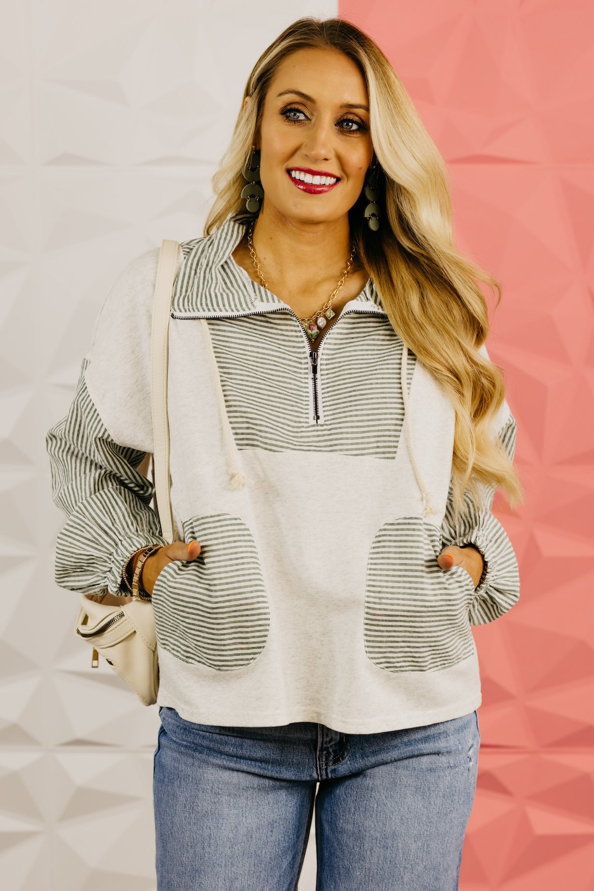 The Alexia Striped Quarter Zip Mix Media Top