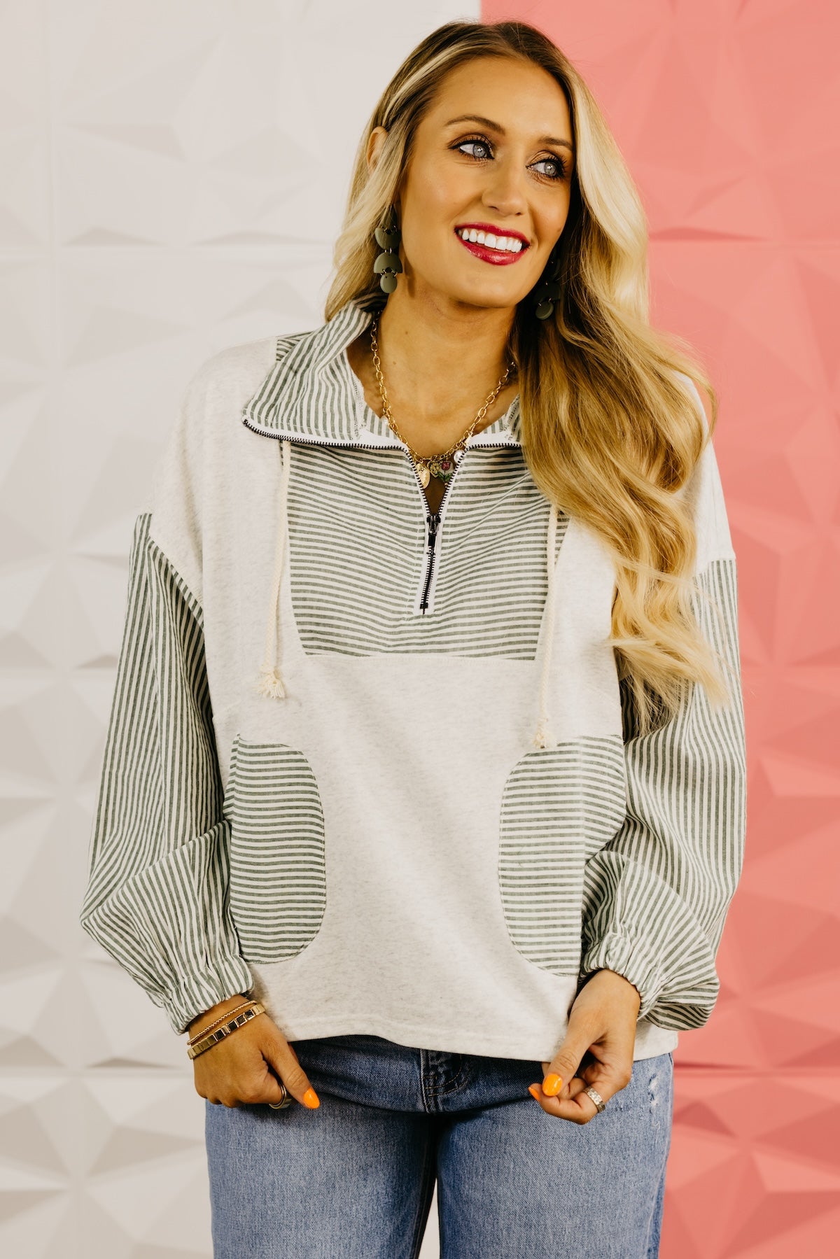 The Alexia Striped Quarter Zip Mix Media Top