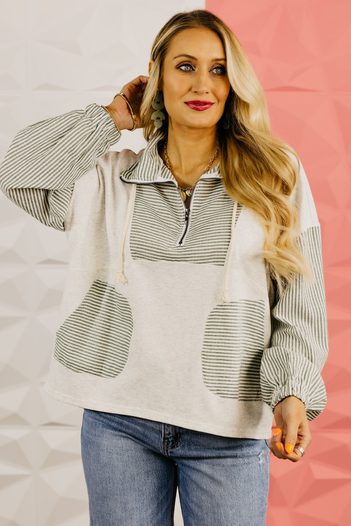 The Alexia Striped Quarter Zip Mix Media Top