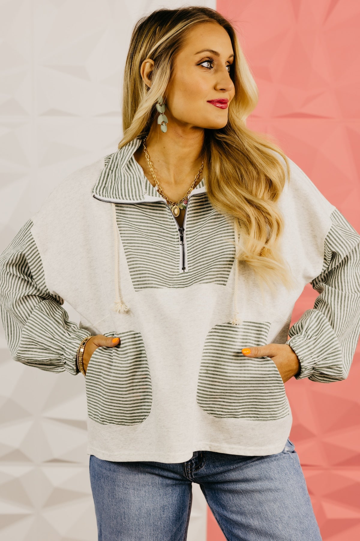 The Alexia Striped Quarter Zip Mix Media Top