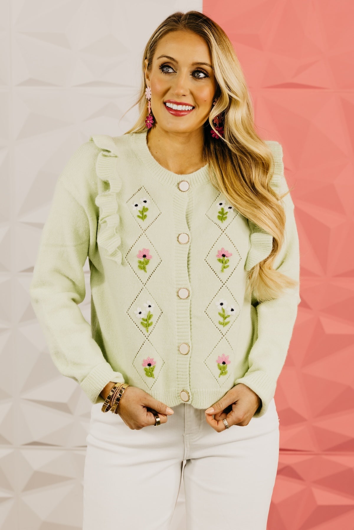 The Everly Crochet Ruffle Button-Down Cardigan