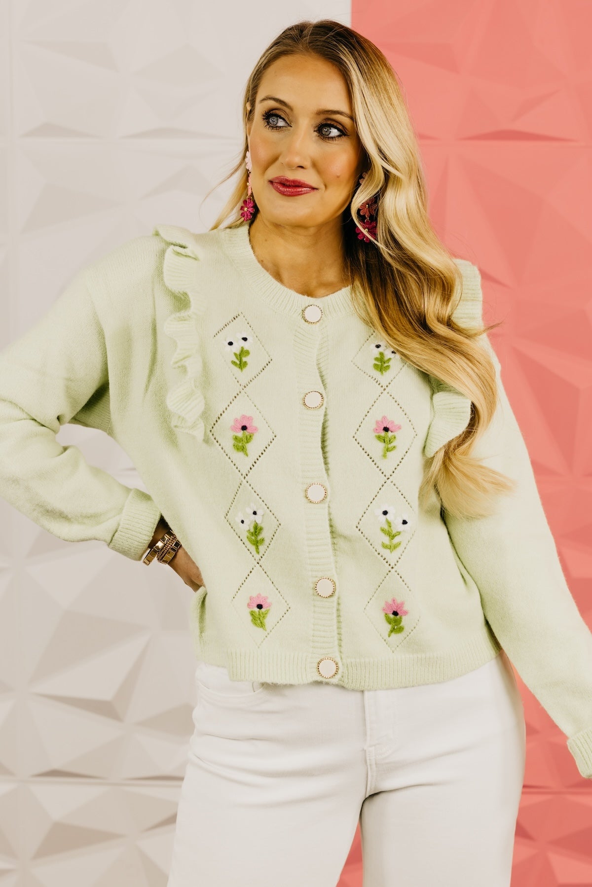 The Everly Crochet Ruffle Button-Down Cardigan