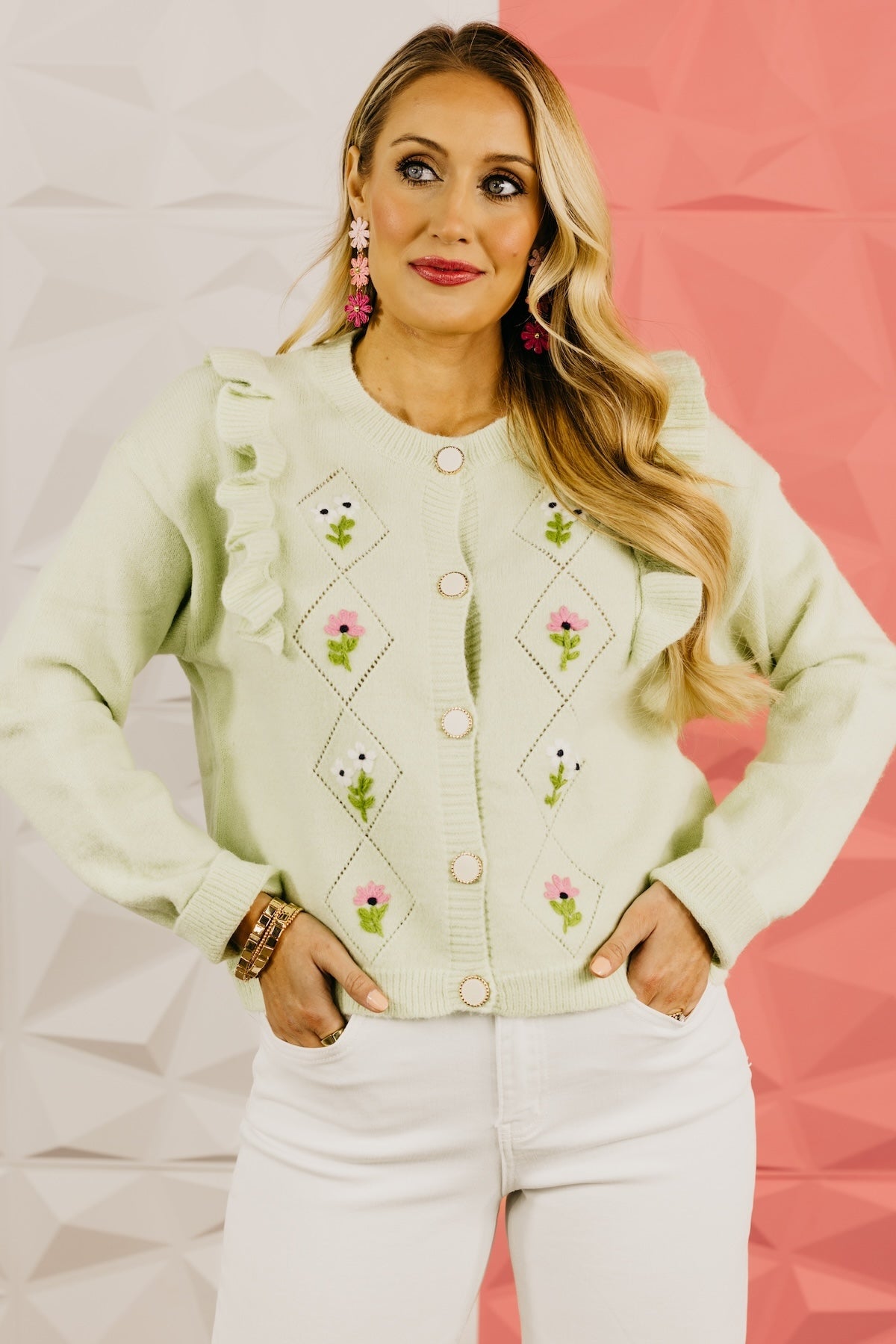 The Everly Crochet Ruffle Button-Down Cardigan