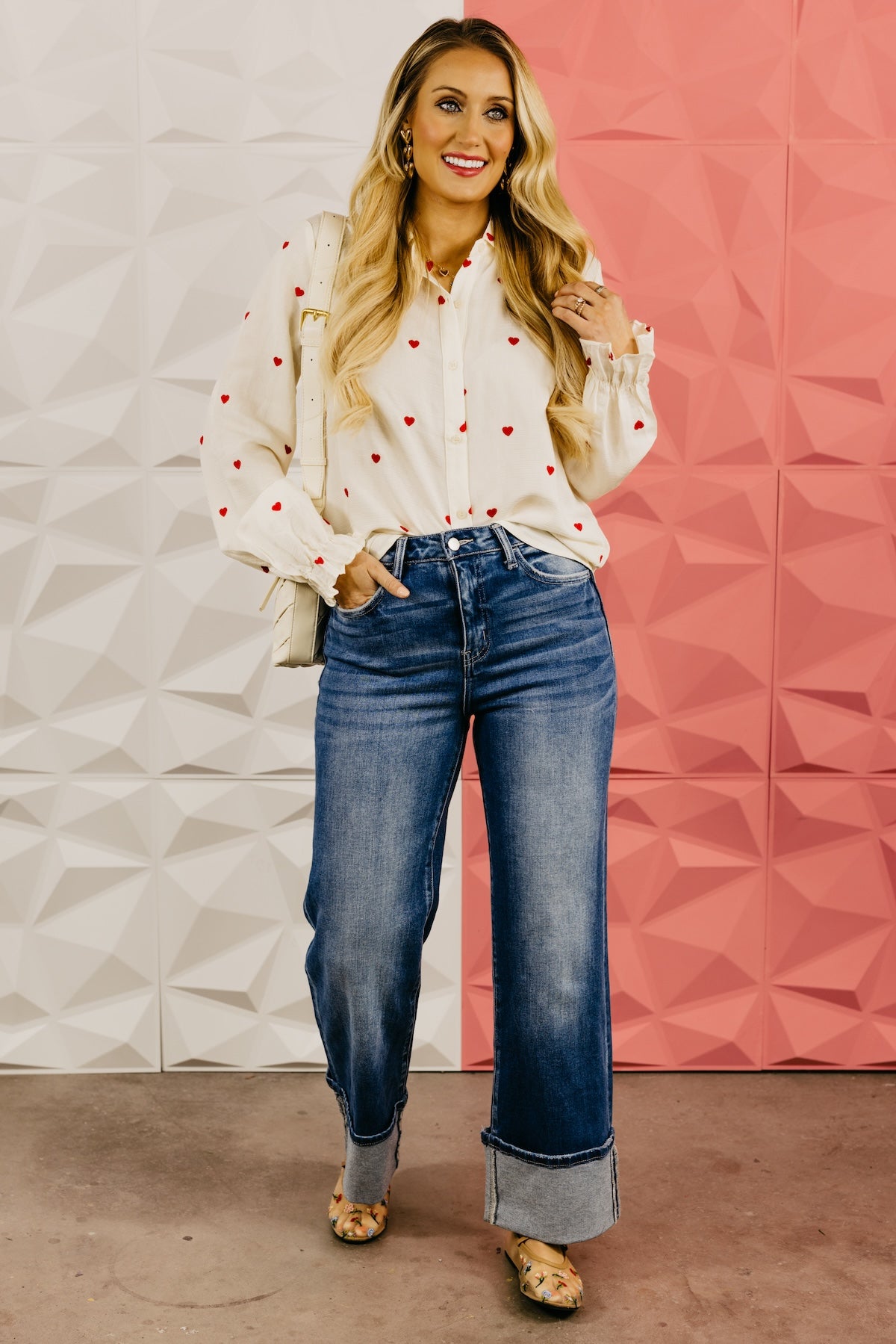 The Meredith Embroidered Heart Button Down Top