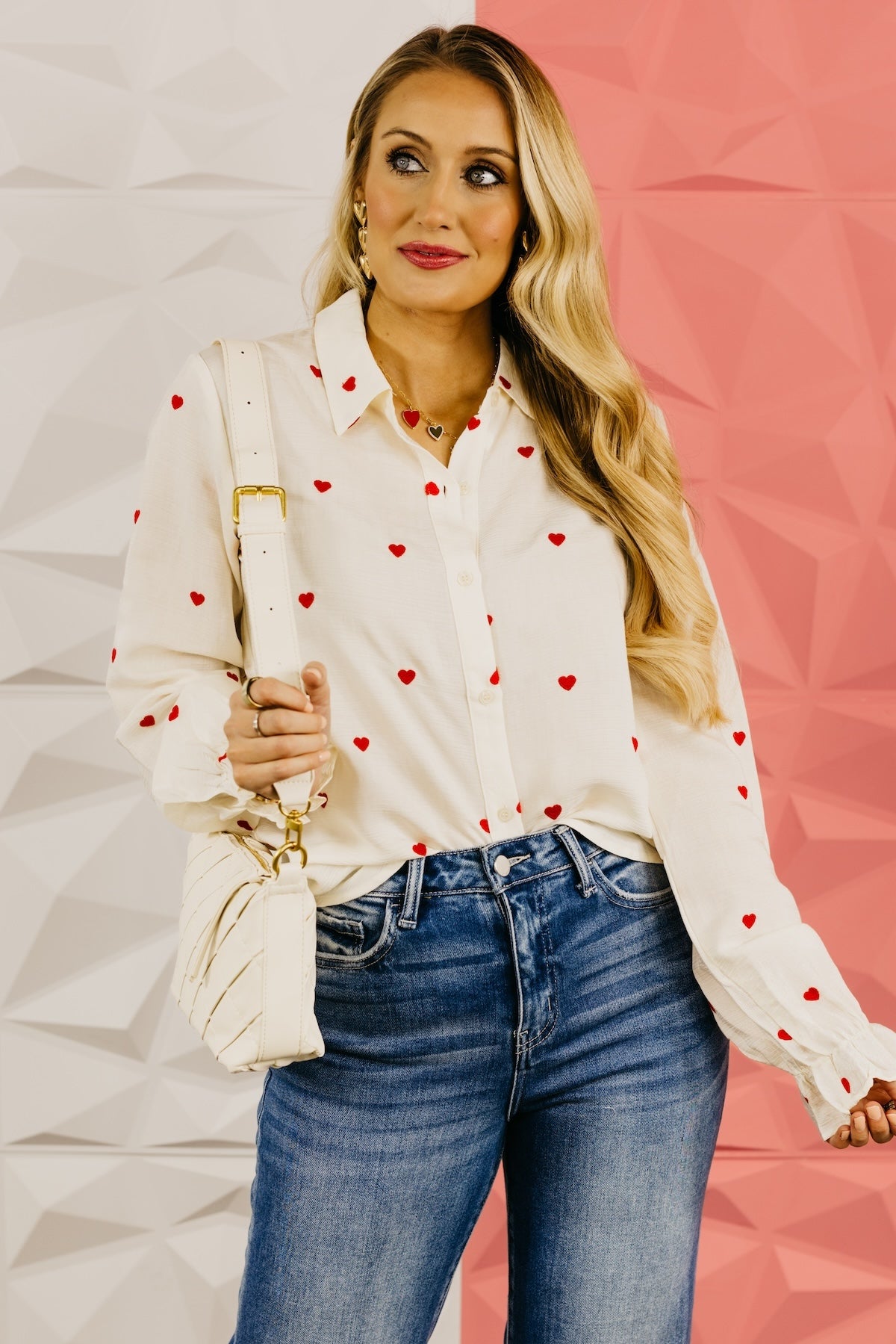 The Meredith Embroidered Heart Button Down Top