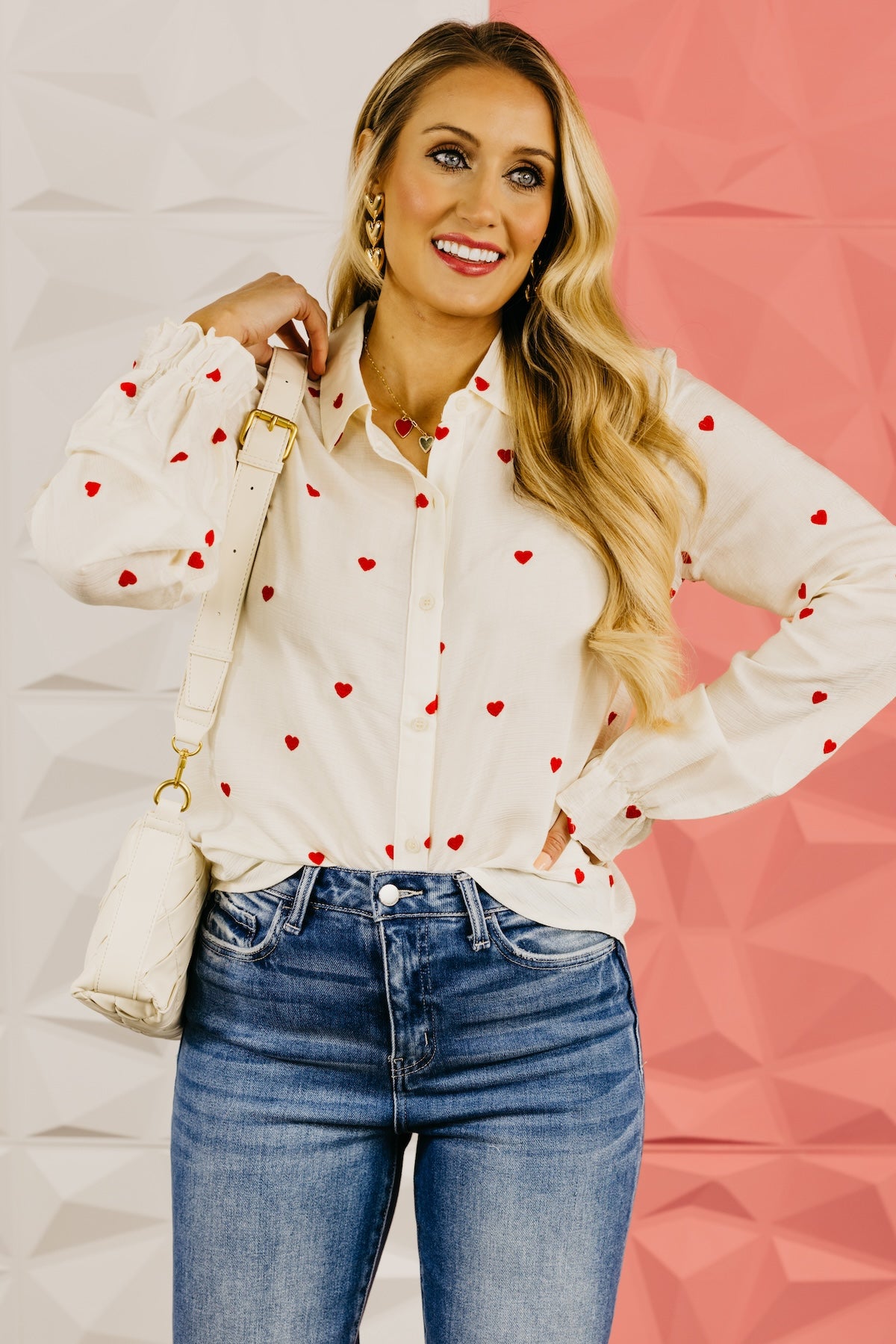 The Meredith Embroidered Heart Button Down Top