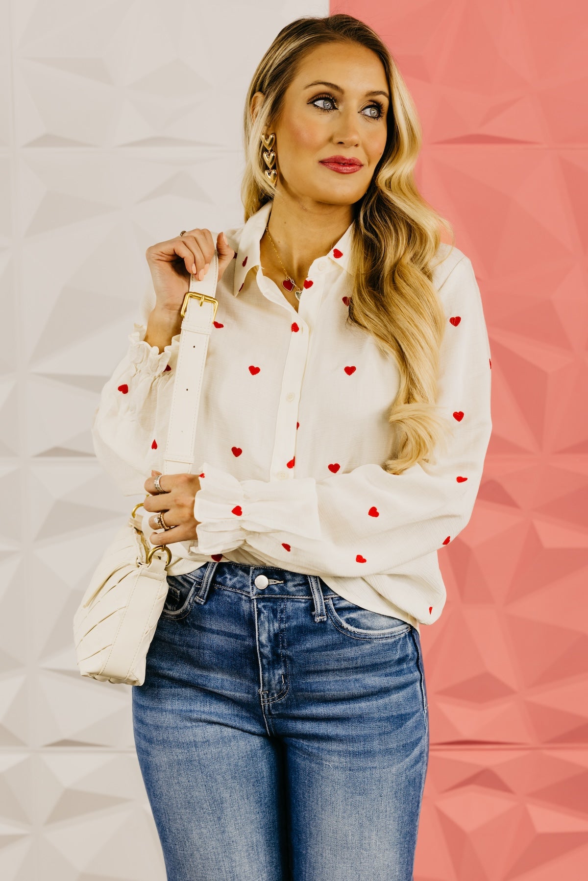 The Meredith Embroidered Heart Button Down Top