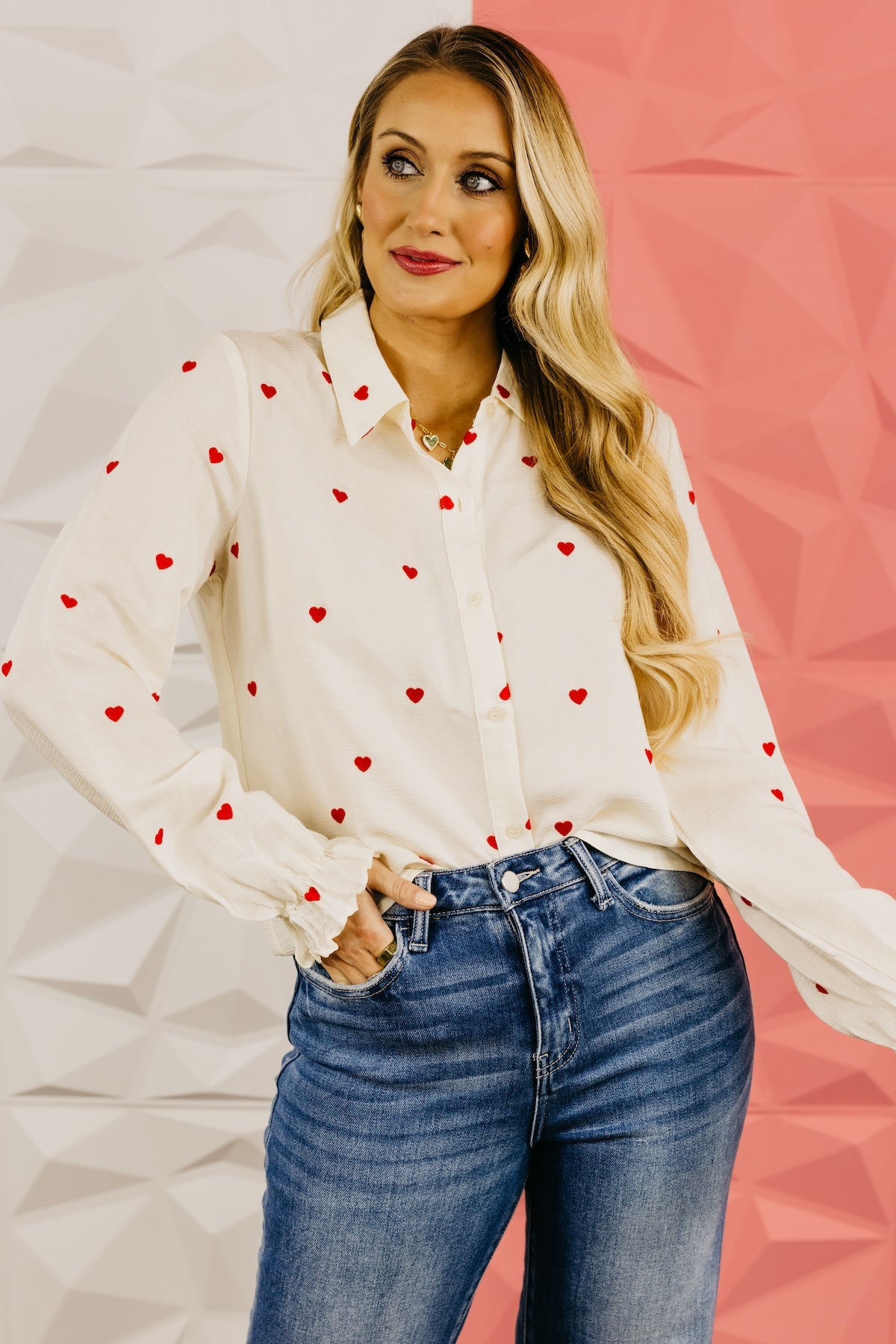 The Meredith Embroidered Heart Button Down Top