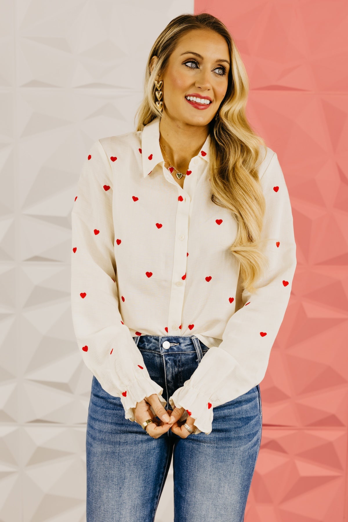 The Meredith Embroidered Heart Button Down Top