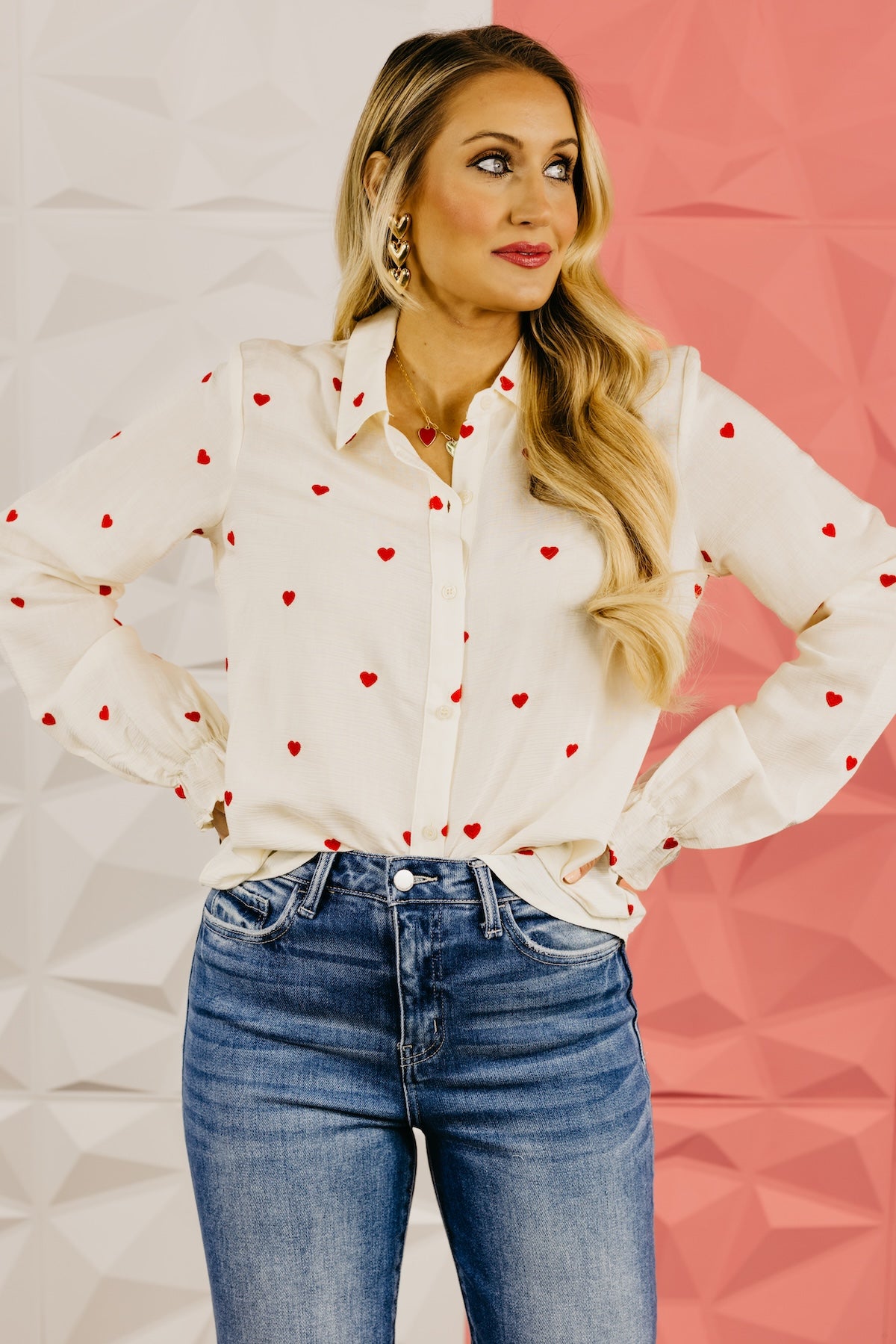 The Meredith Embroidered Heart Button Down Top