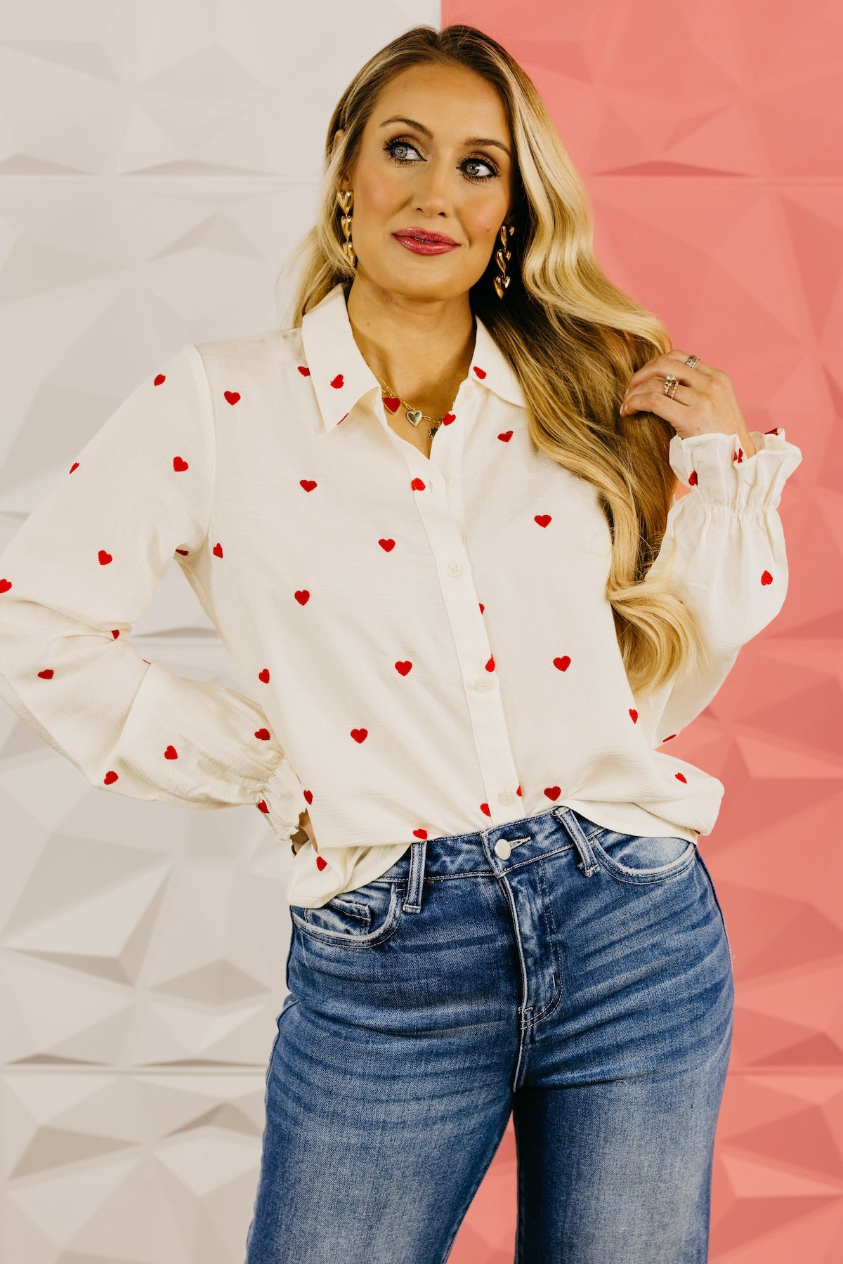 The Meredith Embroidered Heart Button Down Top