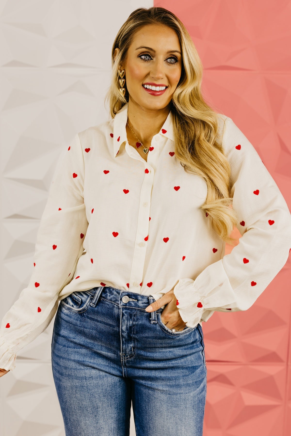 The Meredith Embroidered Heart Button Down Top