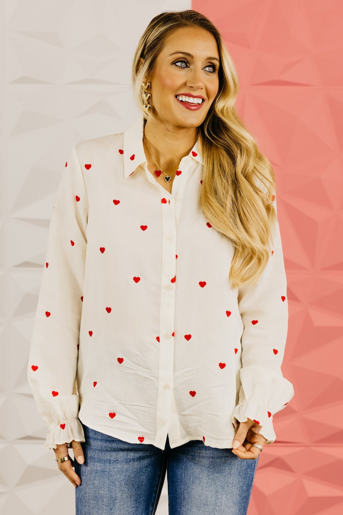 The Meredith Embroidered Heart Button Down Top