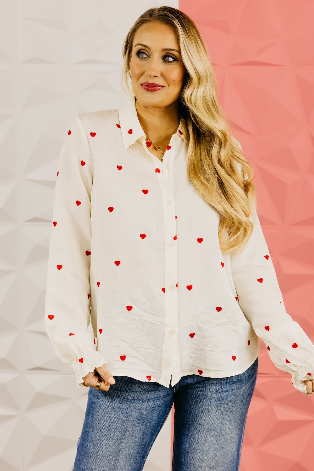 The Meredith Embroidered Heart Button Down Top